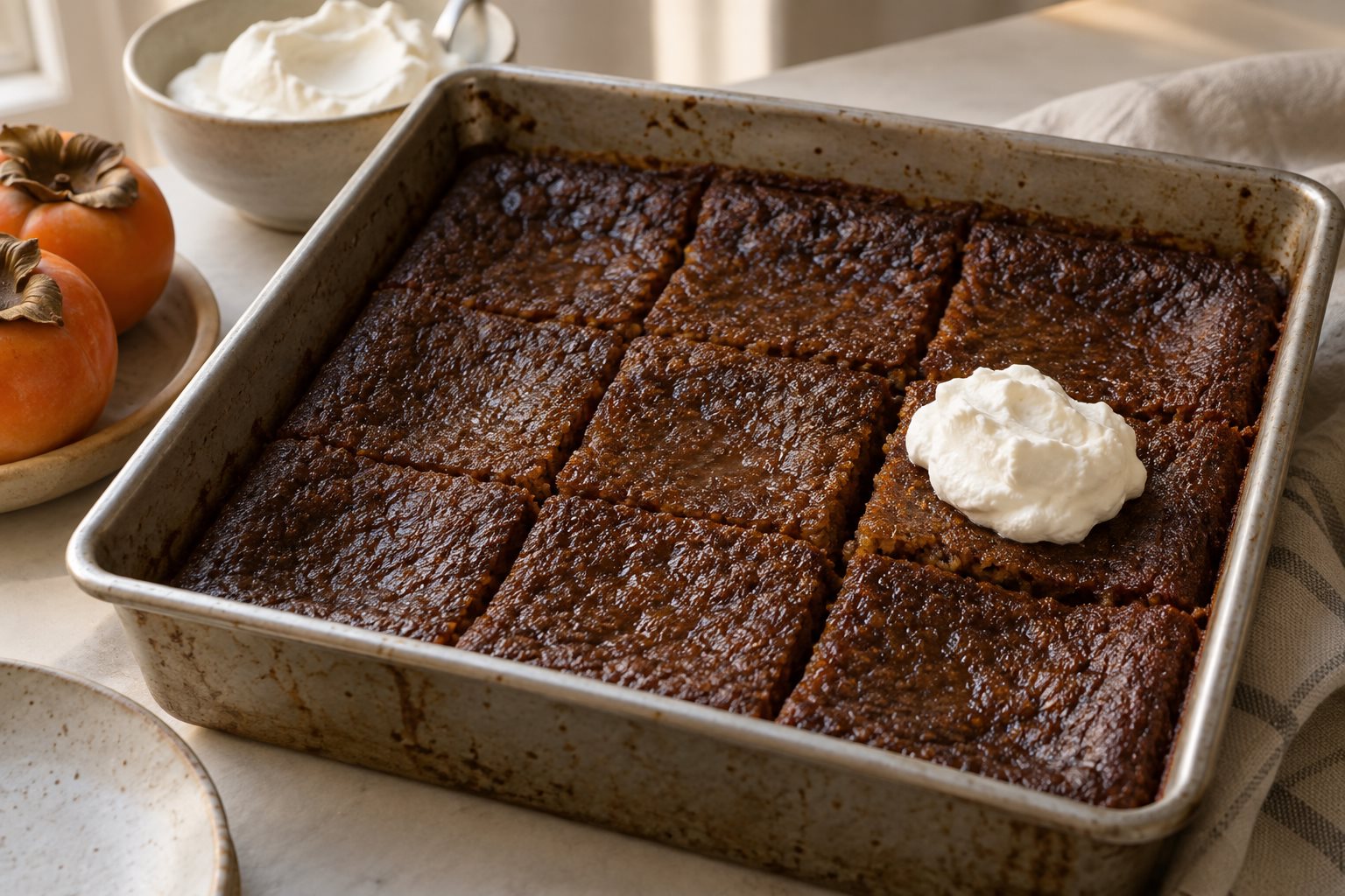Dark baked persimmon pudding cut into squares in a rectangular metal pan, with whipped cream on one square.