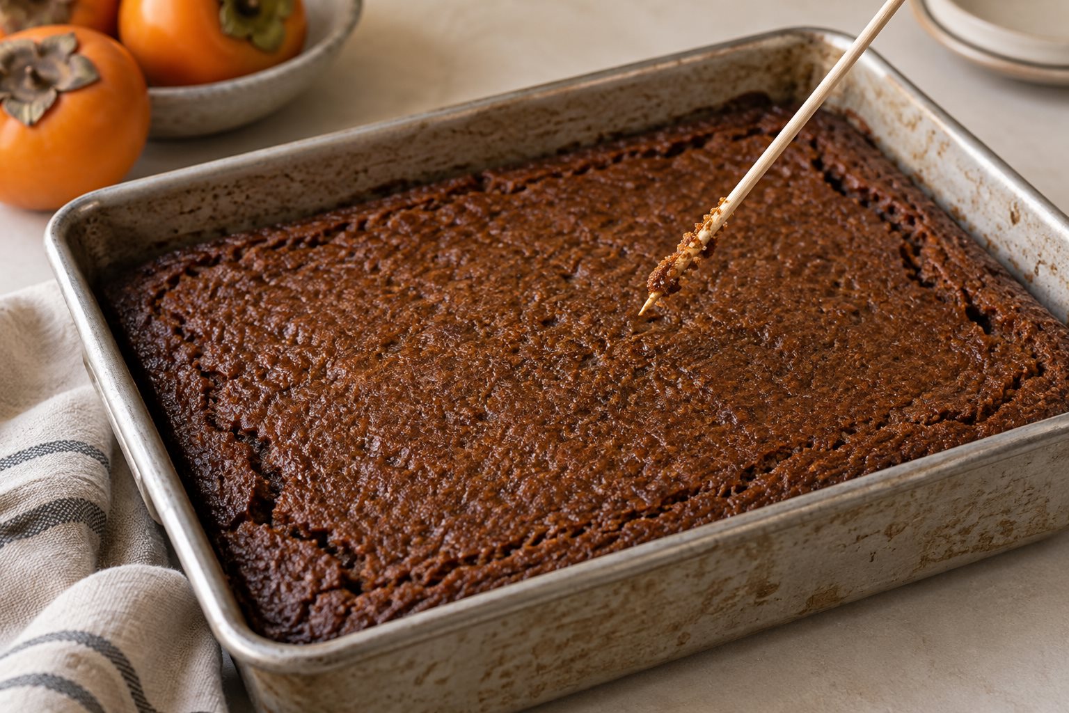 A wooden skewer bearing moist crumbs above a dark baked persimmon pudding with edges pulled away from the pan.