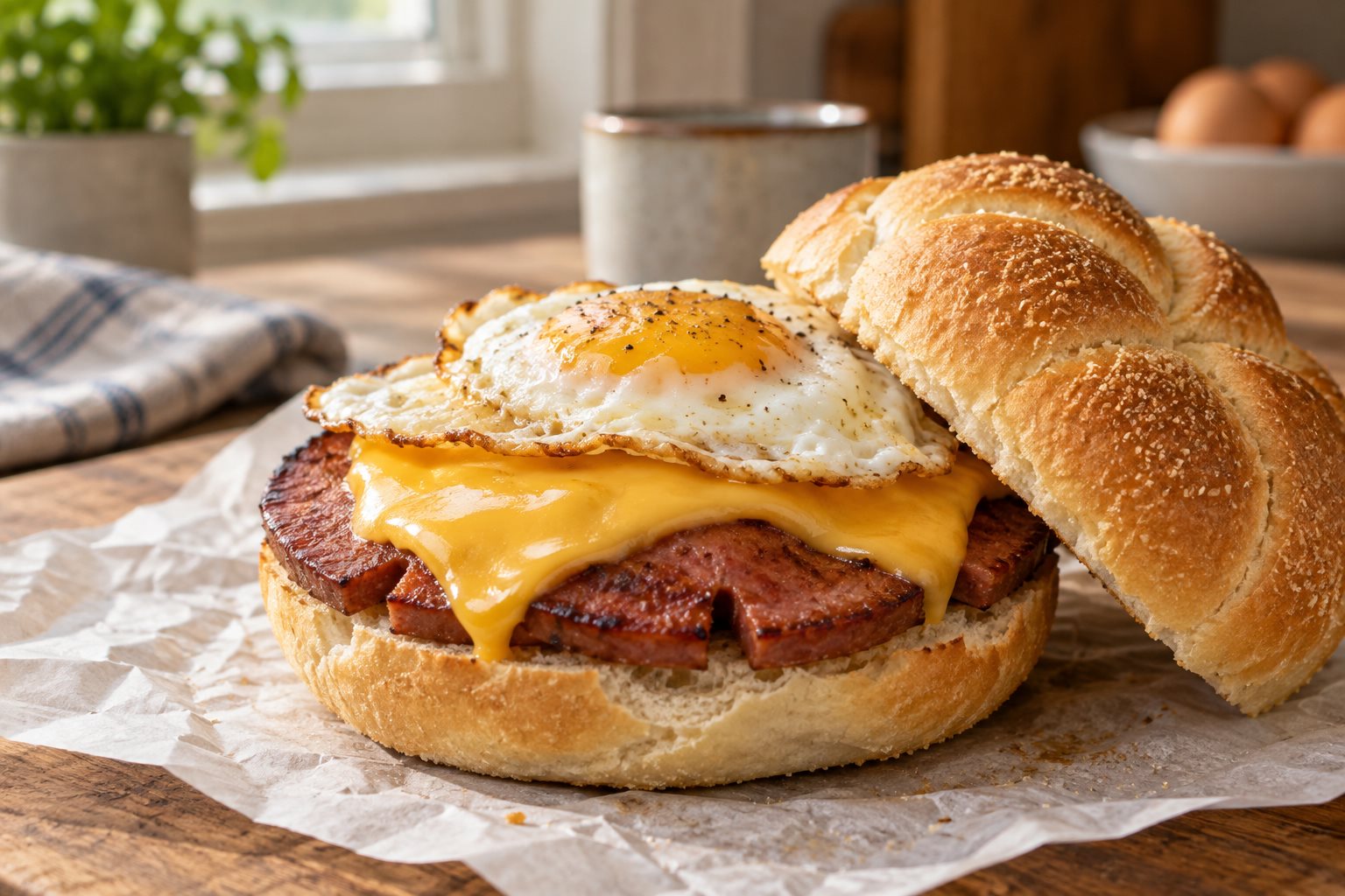 A kaiser roll open on paper, holding two browned slices of pork roll with curled crisp edges, a fried egg and a melted slice of American cheese