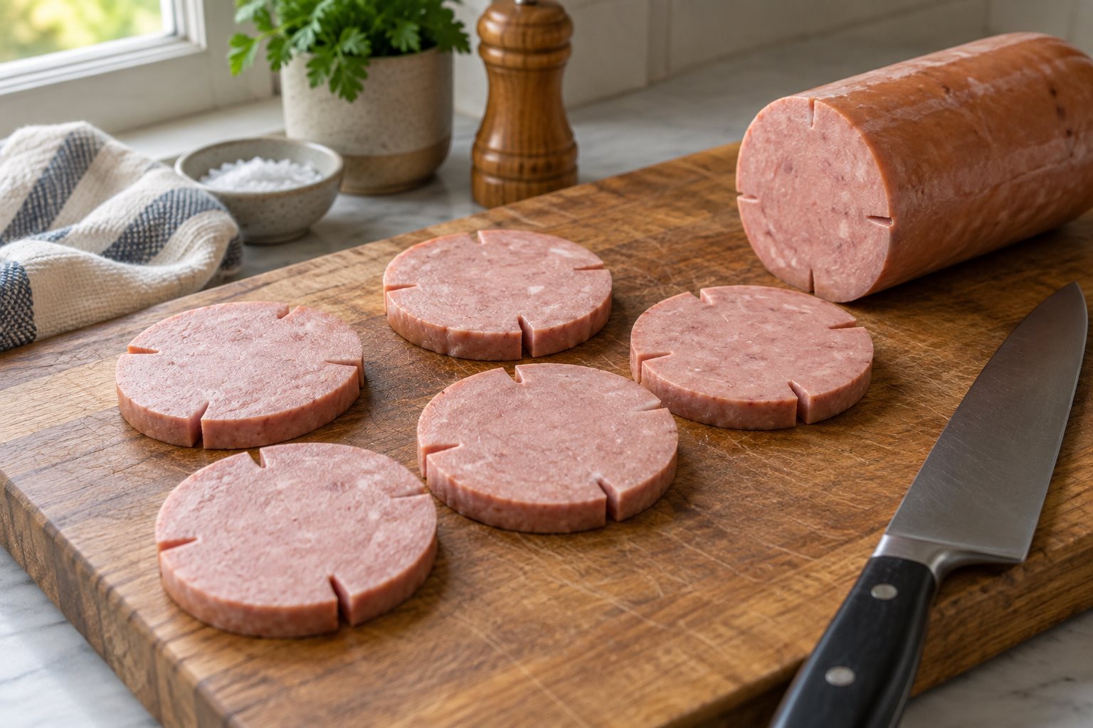Pork roll slices with four shallow cuts around each edge