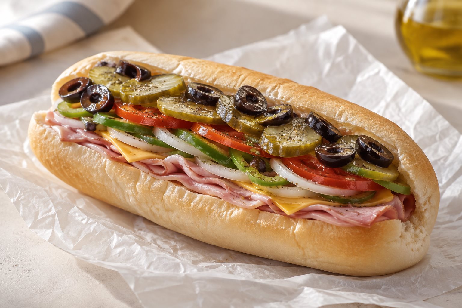 A long soft roll split along the top, layered with ham and cheese under a heap of sliced onion, green pepper, tomato, pickle and black olives, glistening with oil