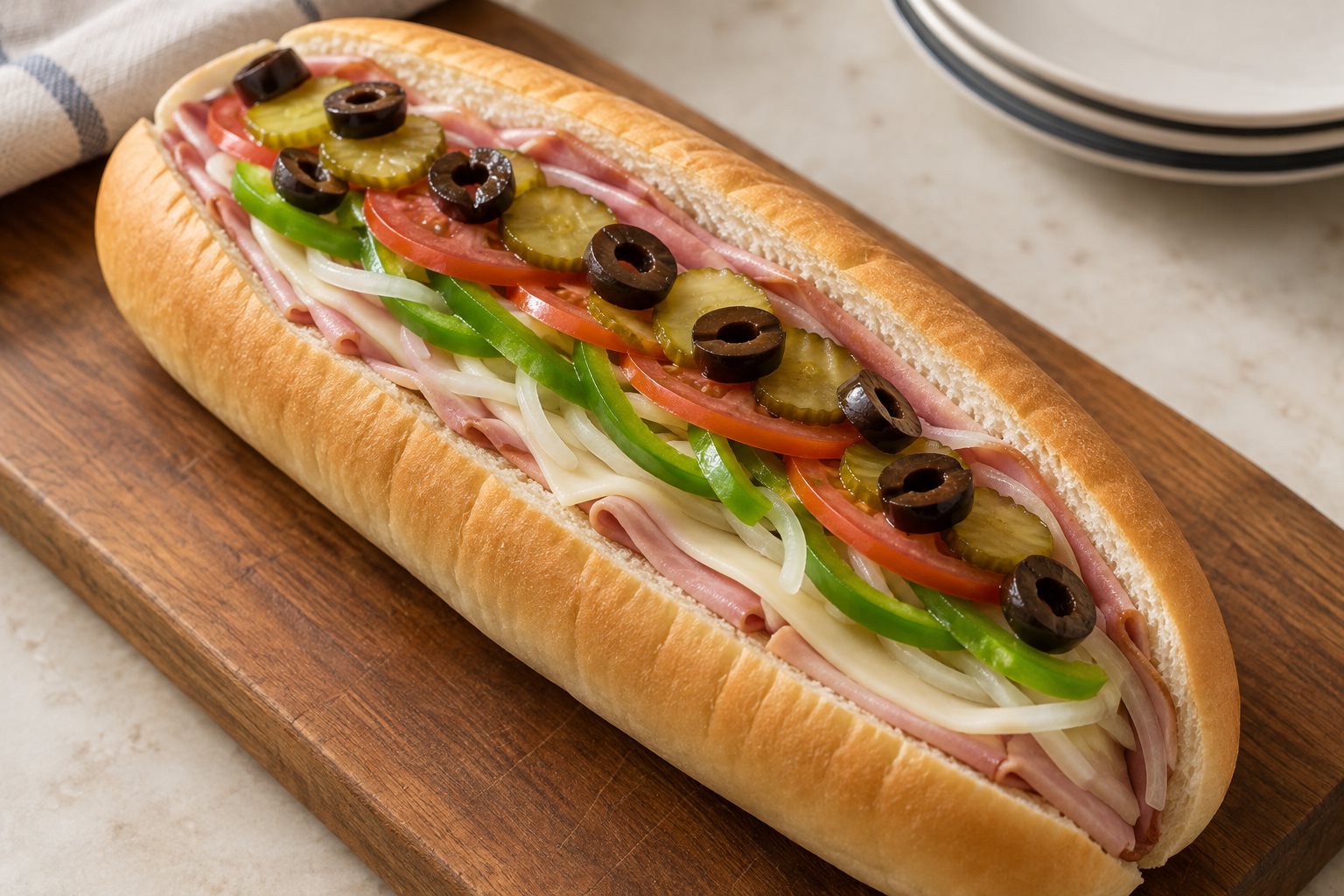 Ham, cheese and sliced vegetables filling the top opening of a soft sandwich roll