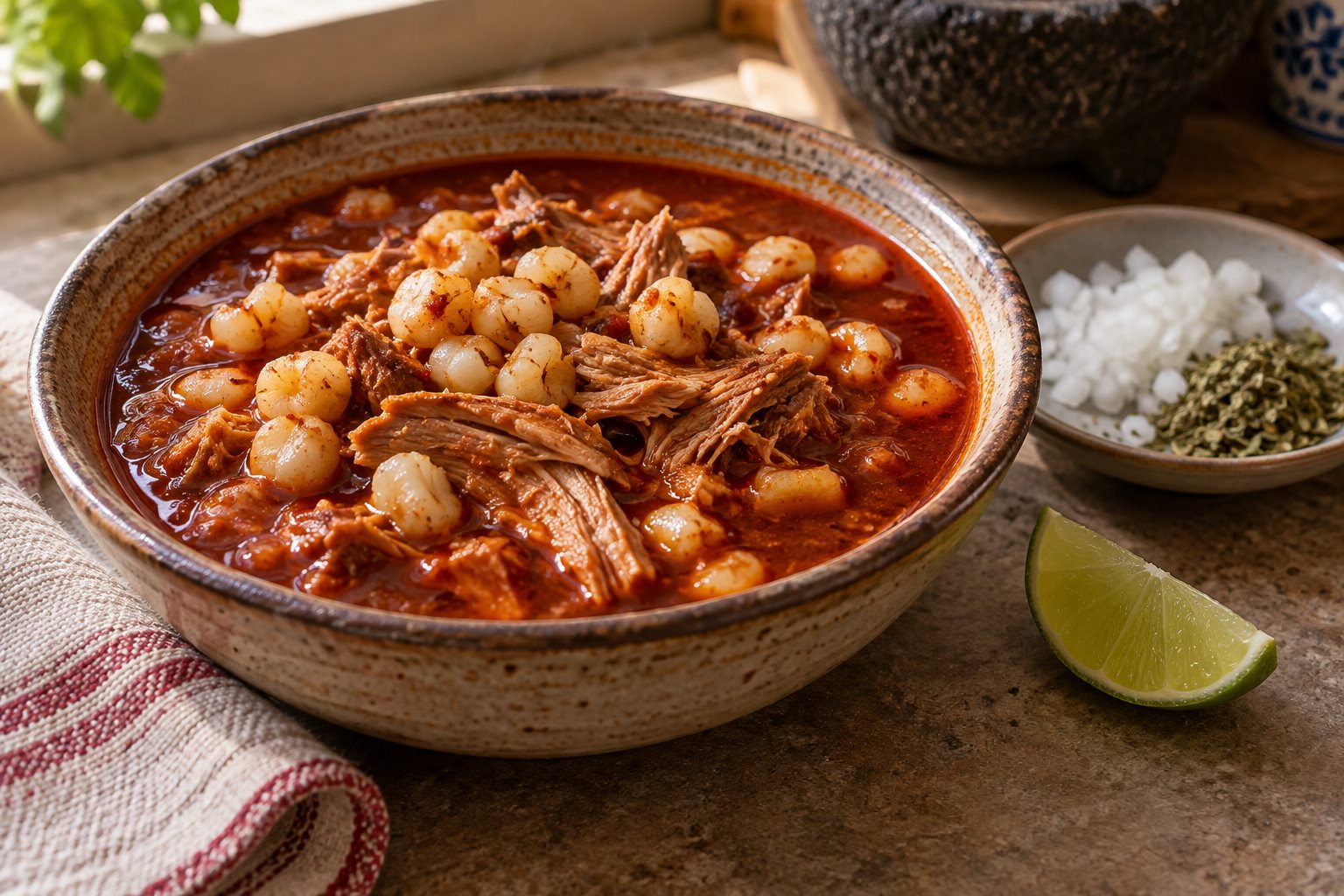 A wide bowl of posole with burst white corn kernels, shreds of pork and a brick-red broth, a saucer of chopped raw onion and dried oregano beside it