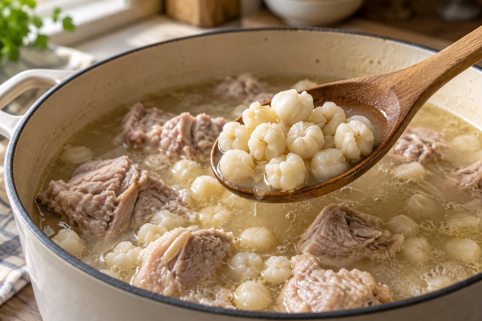 Split-open hominy kernels lifted from simmering pork broth