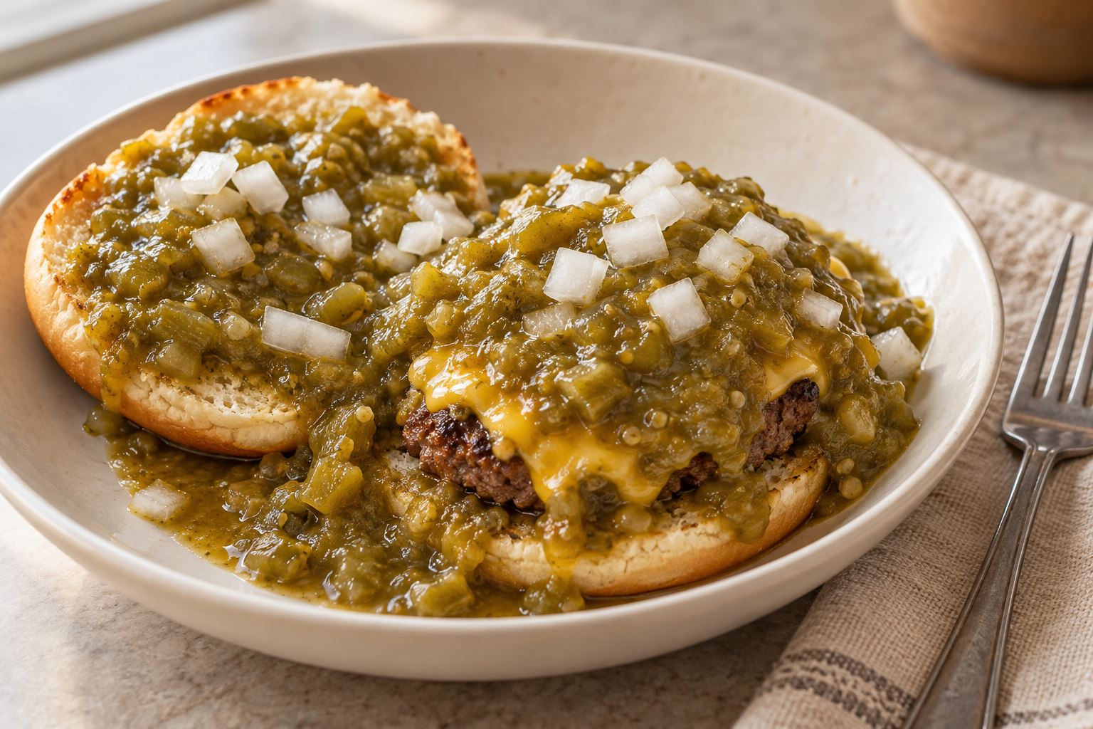 An open-faced cheeseburger smothered in green chile and diced raw onion in a shallow bowl.