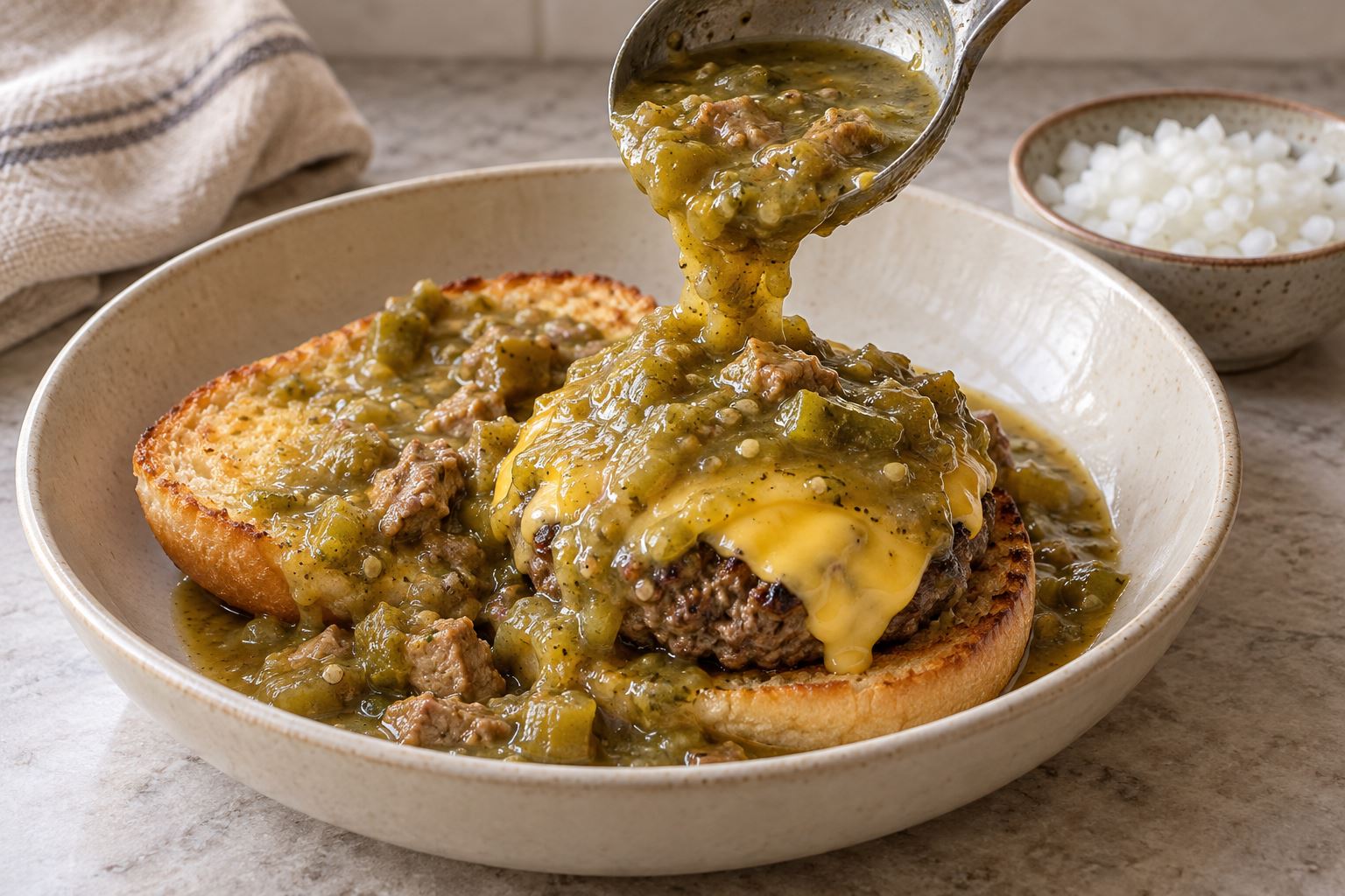 A ladle pours thick pork green chile over an open-faced cheeseburger in a shallow bowl.