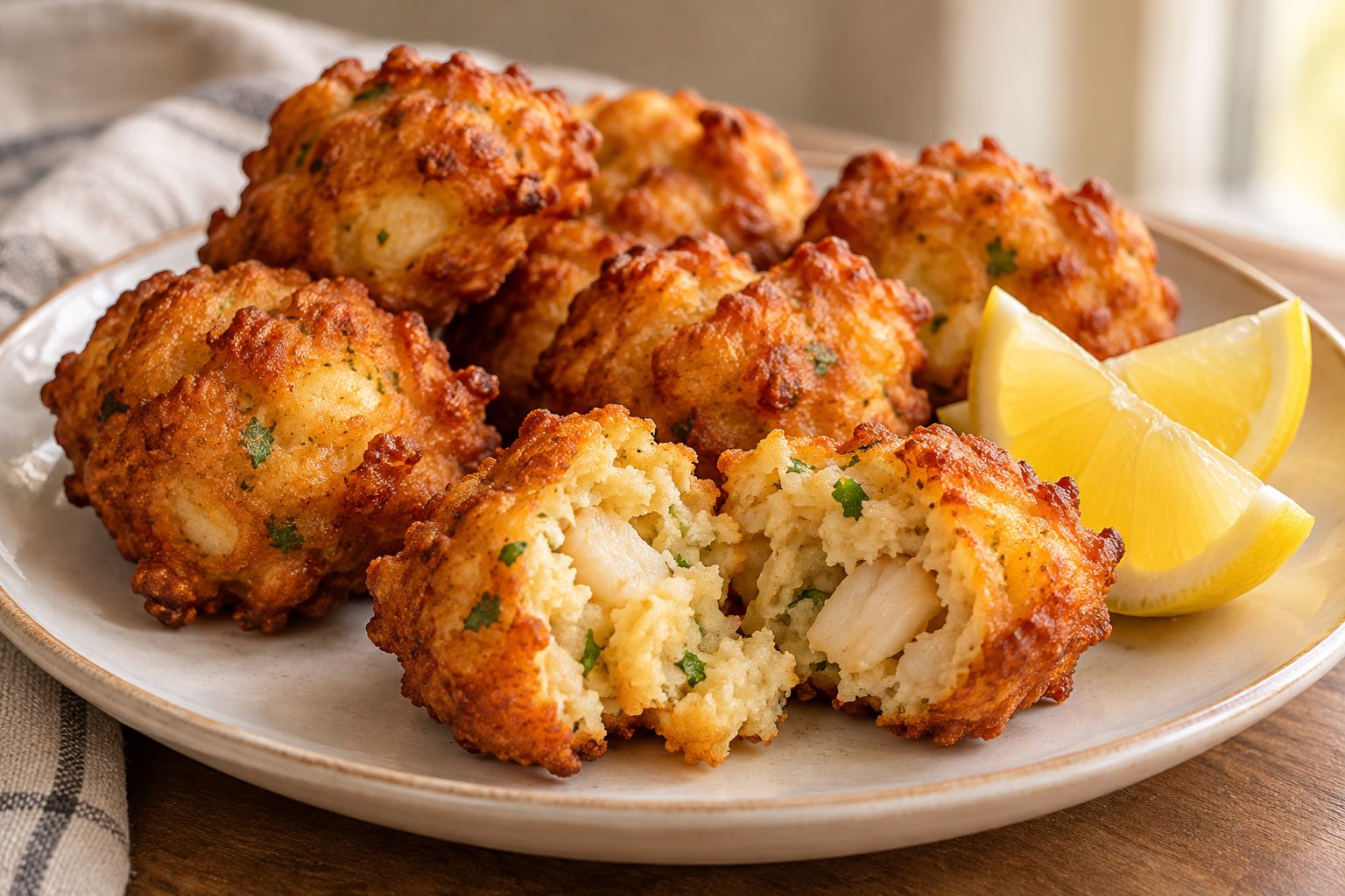 Golden clam fritters with lemon wedges, one broken open to show clam pieces in the cooked centre.