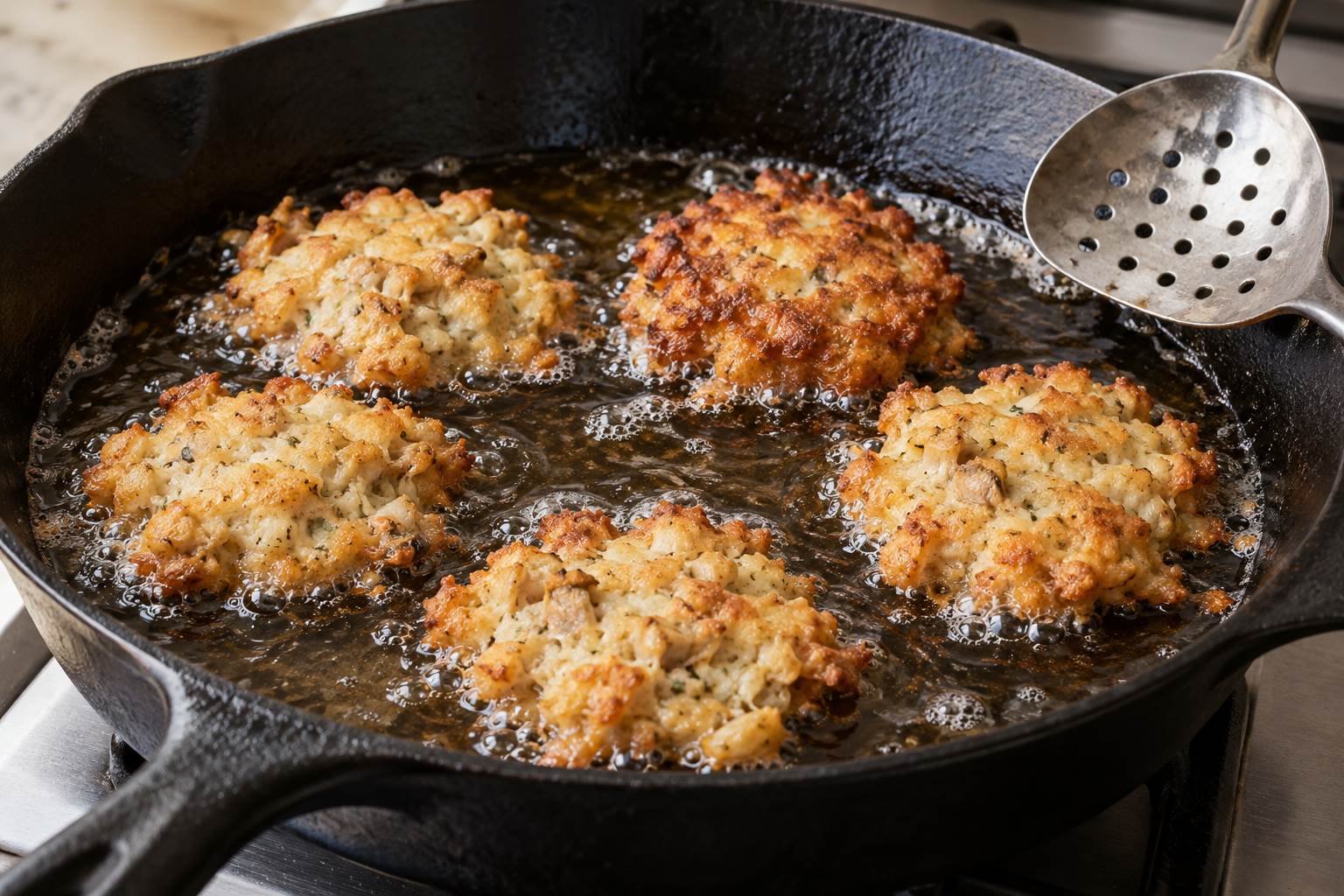 Five small clam fritters frying in a shallow layer of oil in a heavy skillet.