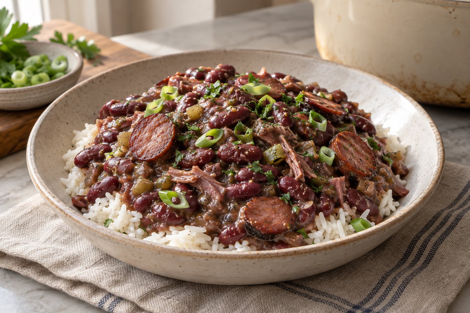 A shallow bowl of creamy red kidney beans in their own dark gravy spooned over white rice, with coins of browned smoked sausage and sliced green onion on top
