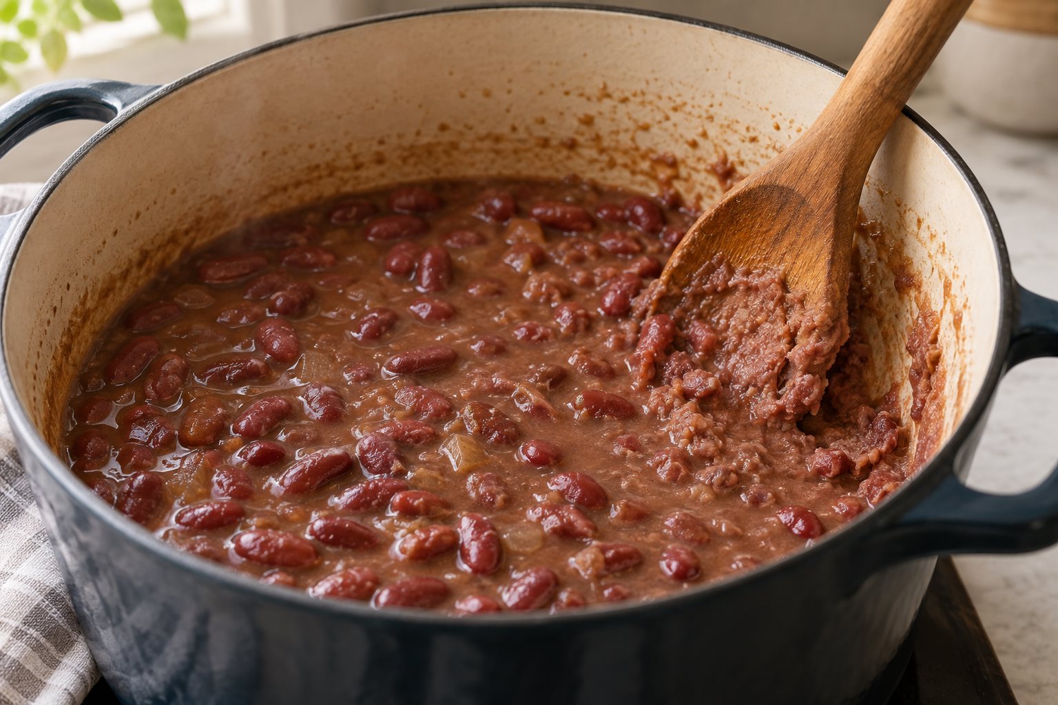 A wooden spoon mashing soft red beans against the wall of a pot