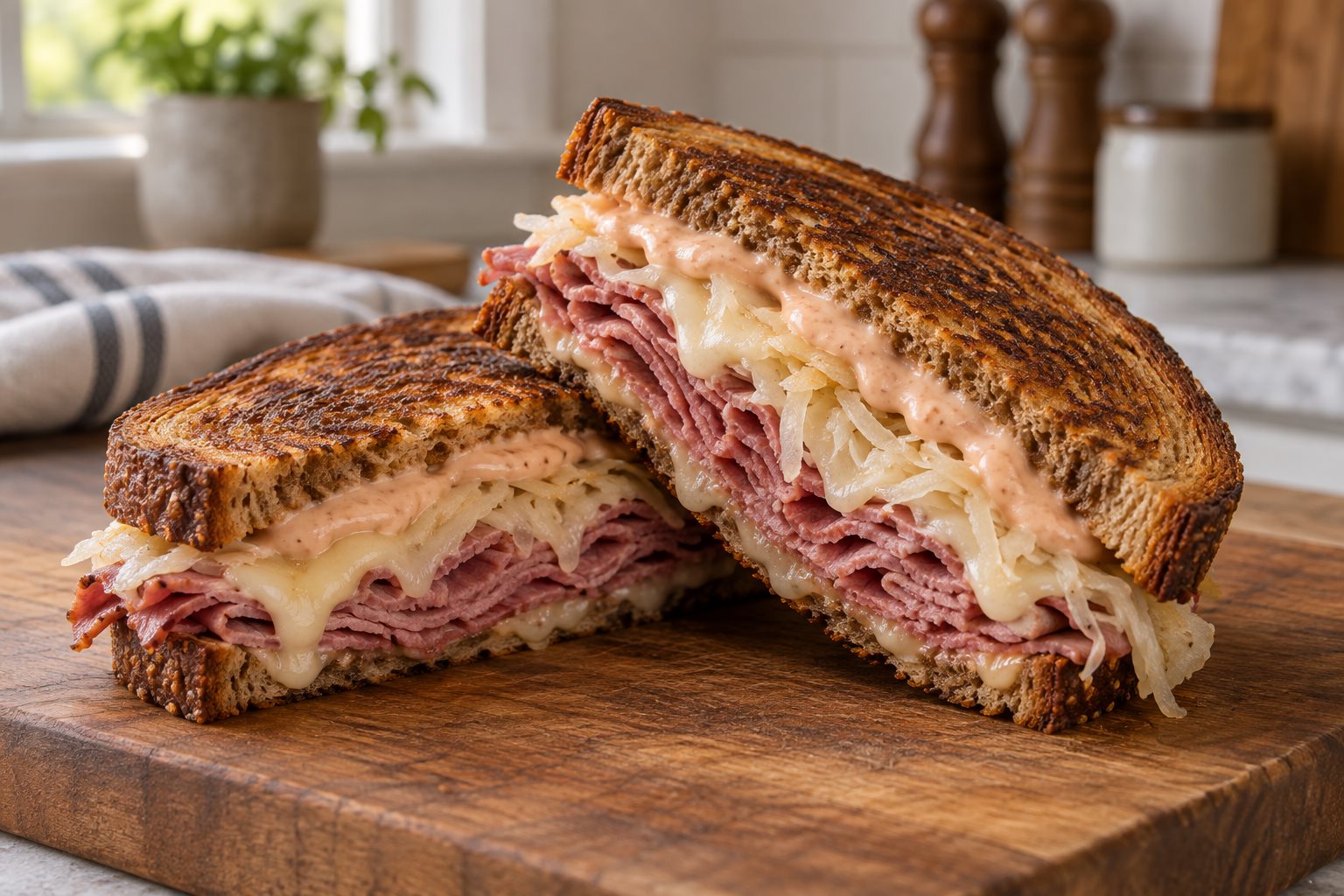 A griddled rye sandwich cut on the diagonal, corned beef and melted Swiss showing above a layer of sauerkraut