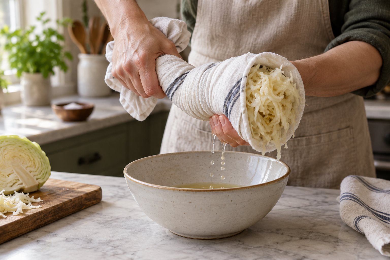Sauerkraut squeezed dry in a clean towel over a bowl