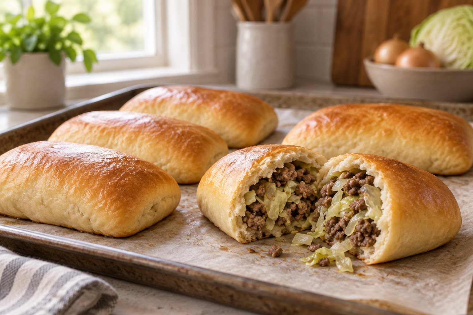 golden baked bread pockets on a sheet pan, one torn open to show a filling of ground beef, cabbage and onion