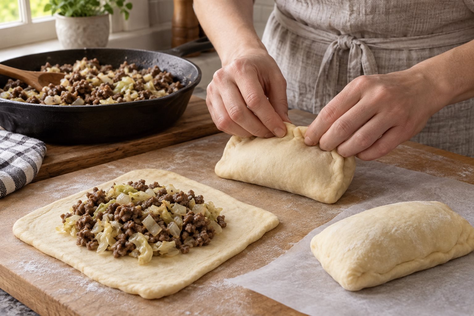 Rectangular bread pockets sealed around beef and cabbage filling