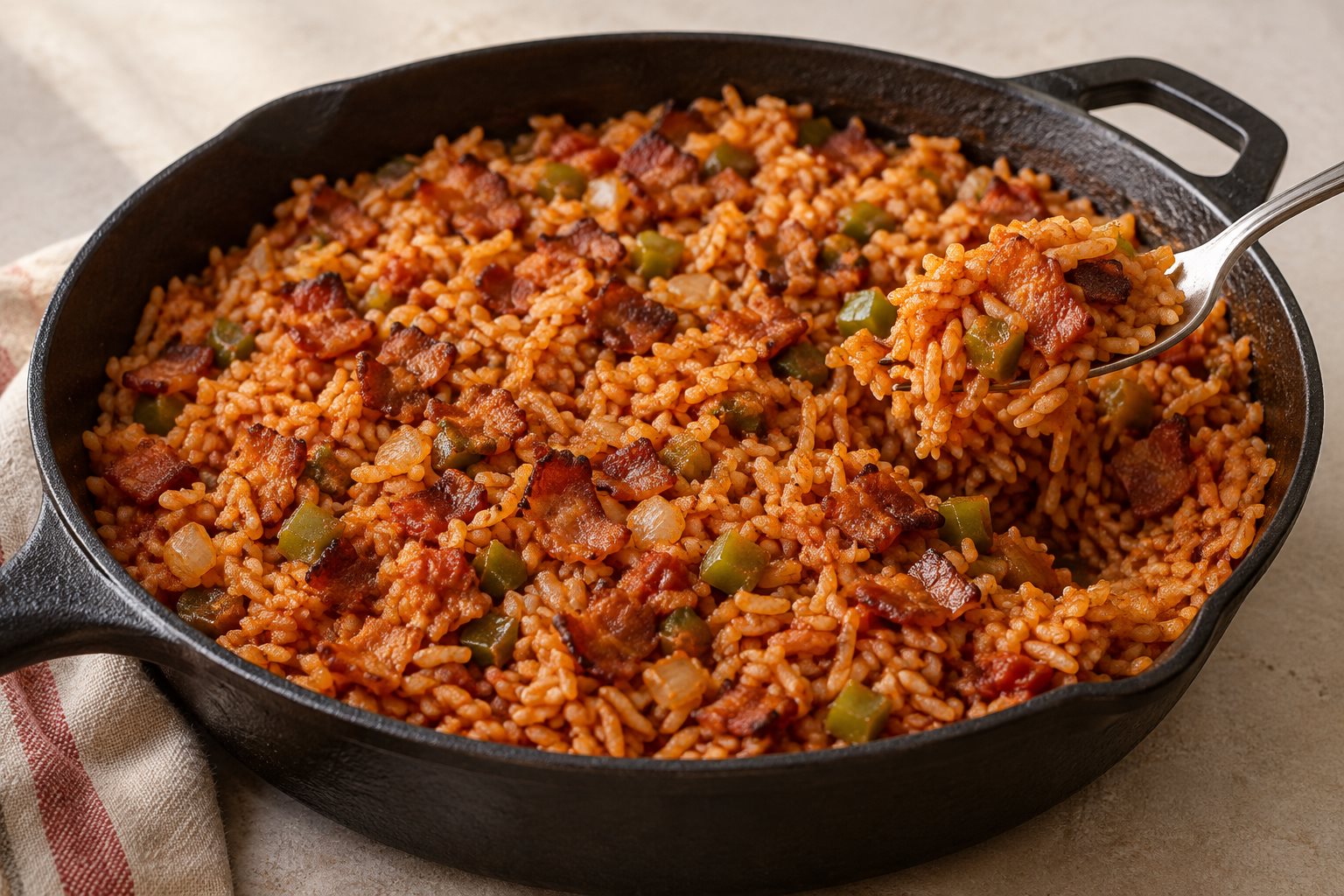 A cast iron skillet of brick-red long-grain rice, separate grains flecked with browned bacon and green pepper, a fork lifting one corner