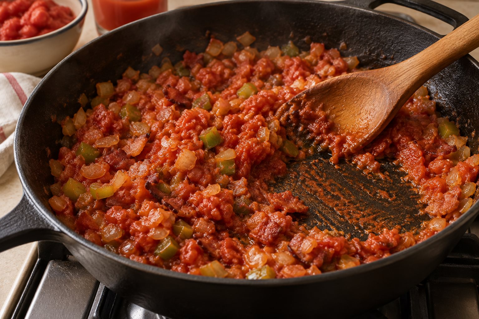Tomato pulp with onion and green pepper cooked down to a brick-red film in a skillet.