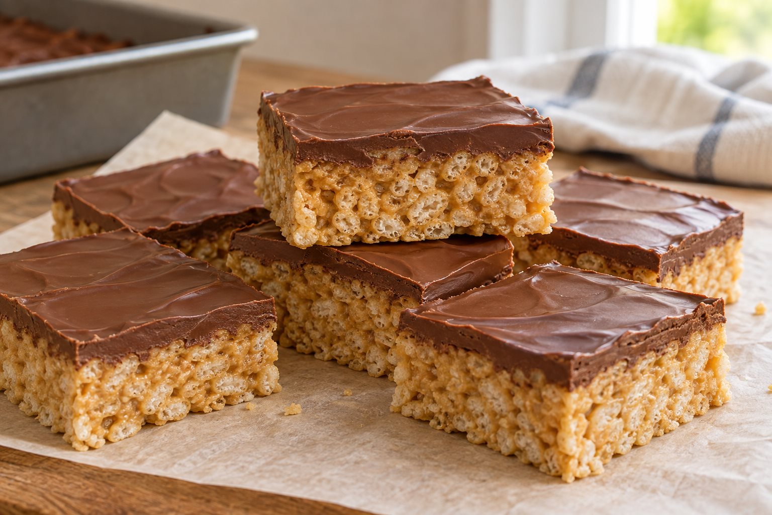 Scotcheroos bars with airy puffed rice bases and smooth chocolate-butterscotch topping.