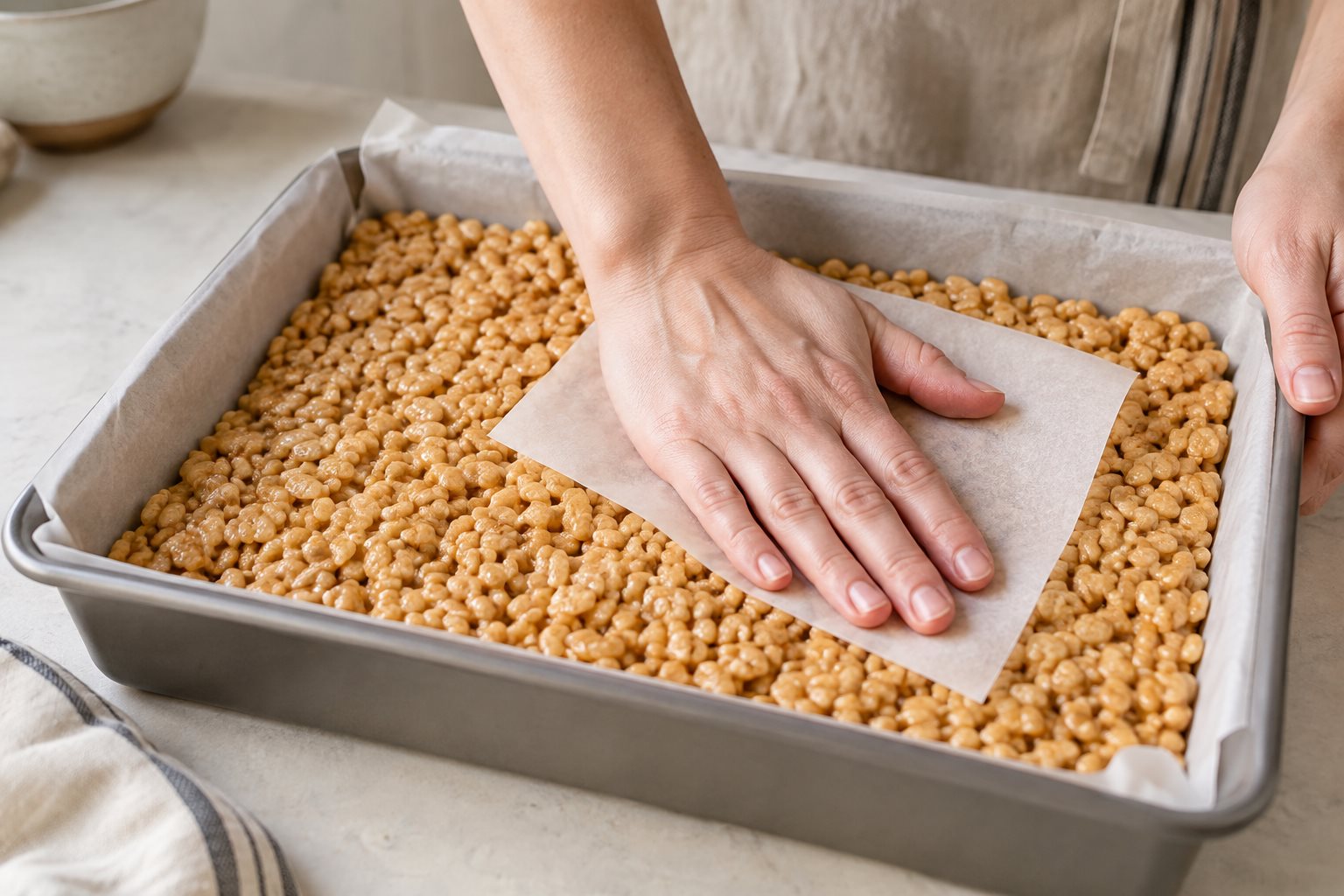 A hand gently pressing peanut-butter-coated puffed rice level through parchment in a rectangular pan.