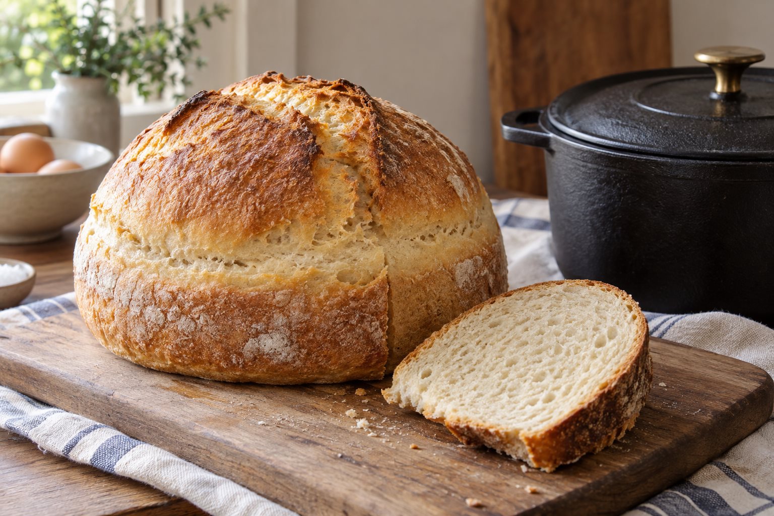 A tall round loaf of pale golden bread lifted out of a black cast iron Dutch oven, its top domed and split where it pushed against the lid