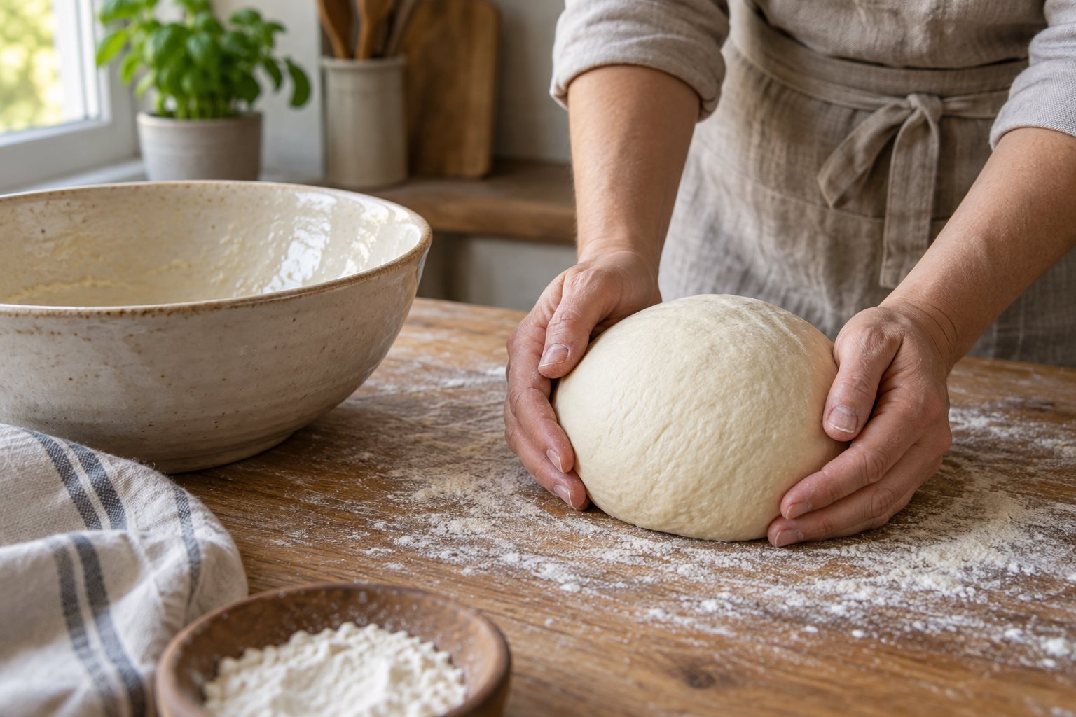 Risen bread dough shaped into a tight ball