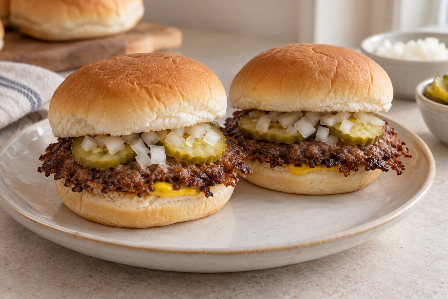 Two small deep-fried patties with lacy brown edges on soft white buns, topped with yellow mustard, dill pickle slices and chopped raw onion