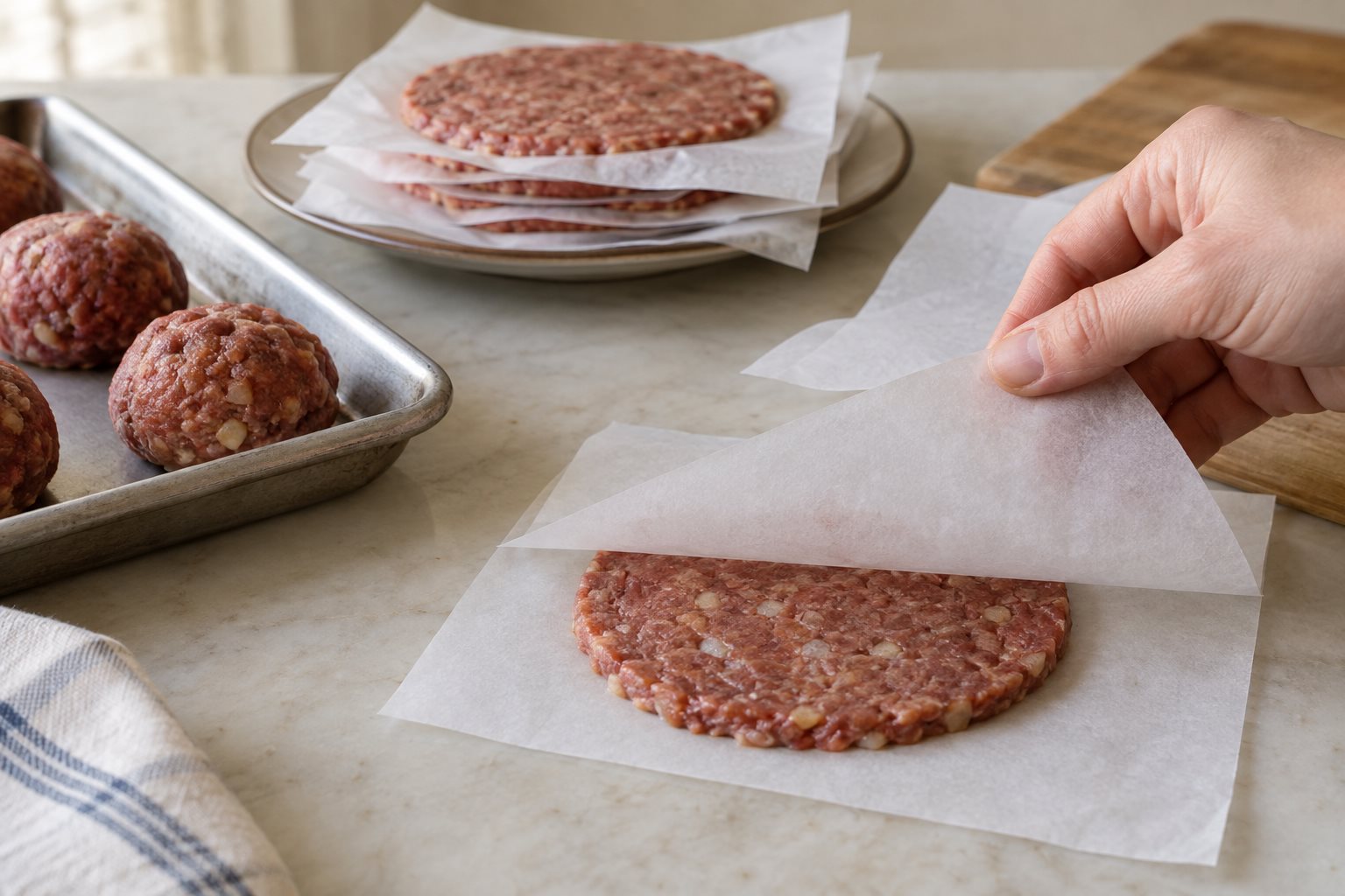 Parchment peeled back from a thin raw burger patty