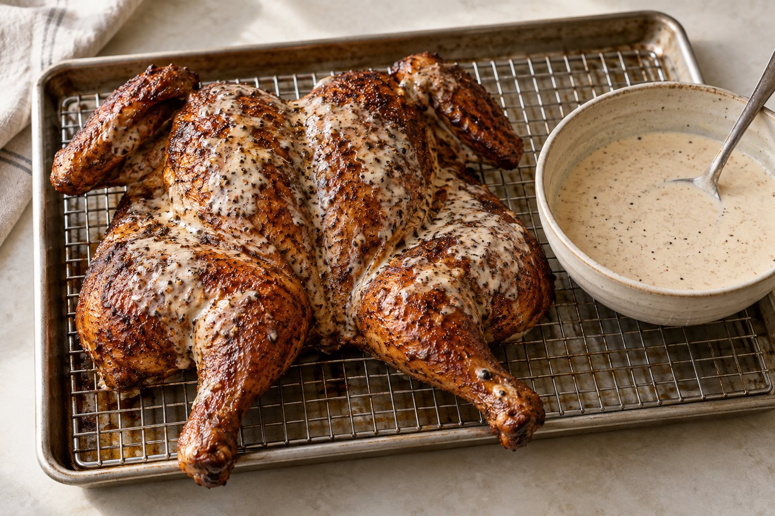 A whole spatchcocked smoked chicken, mahogany from hickory smoke and coated in a thin white sauce, resting on a wire rack over a sheet pan beside a deep bowl of the same sauce