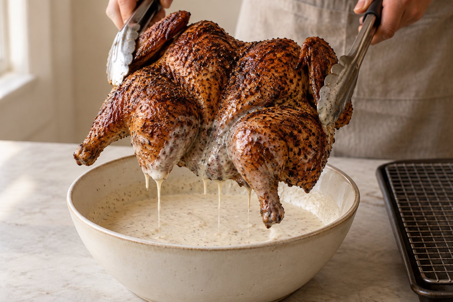 A smoked spatchcocked chicken held with two kitchen tongs above a bowl, with a thin coating of white barbecue sauce dripping back into it.