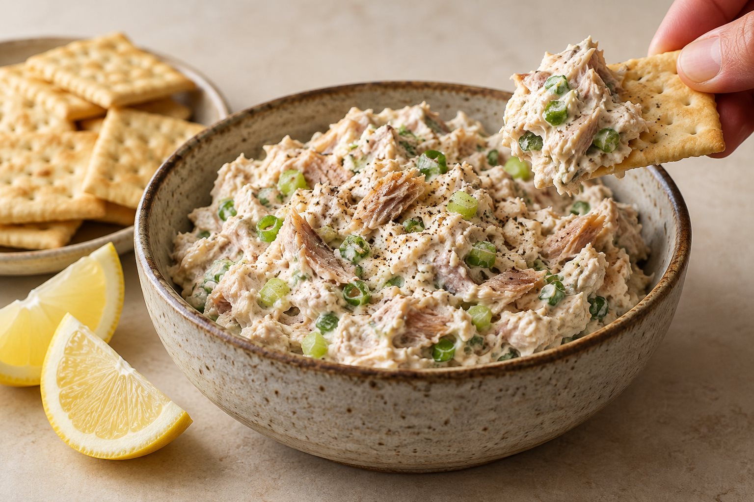 A bowl of coarsely flaked smoked fish dip flecked with green scallion and black pepper, a cracker lifting a scoop, saltines and lemon wedges alongside