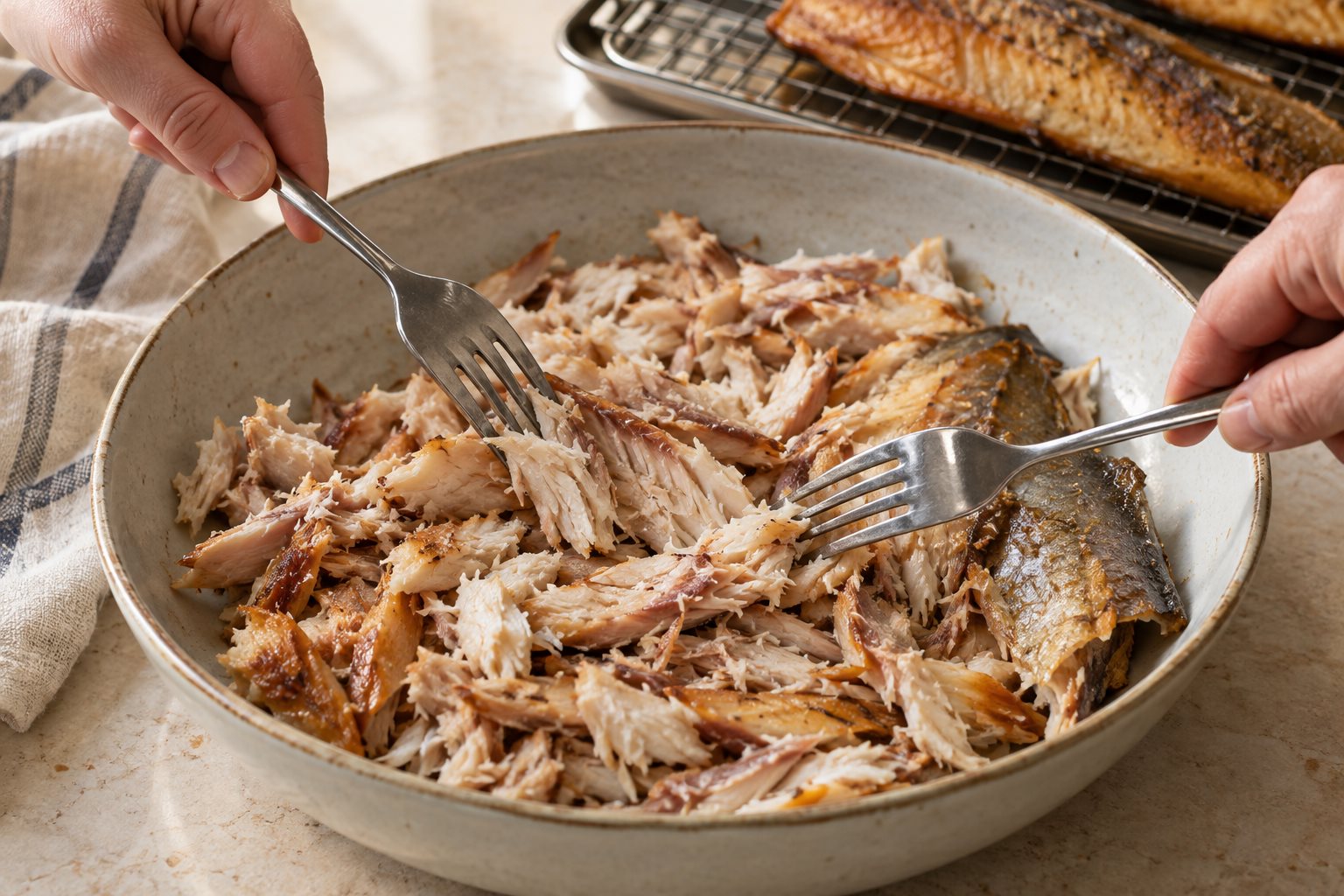 Two forks flaking smoked mullet into coarse pieces with the skin set aside.