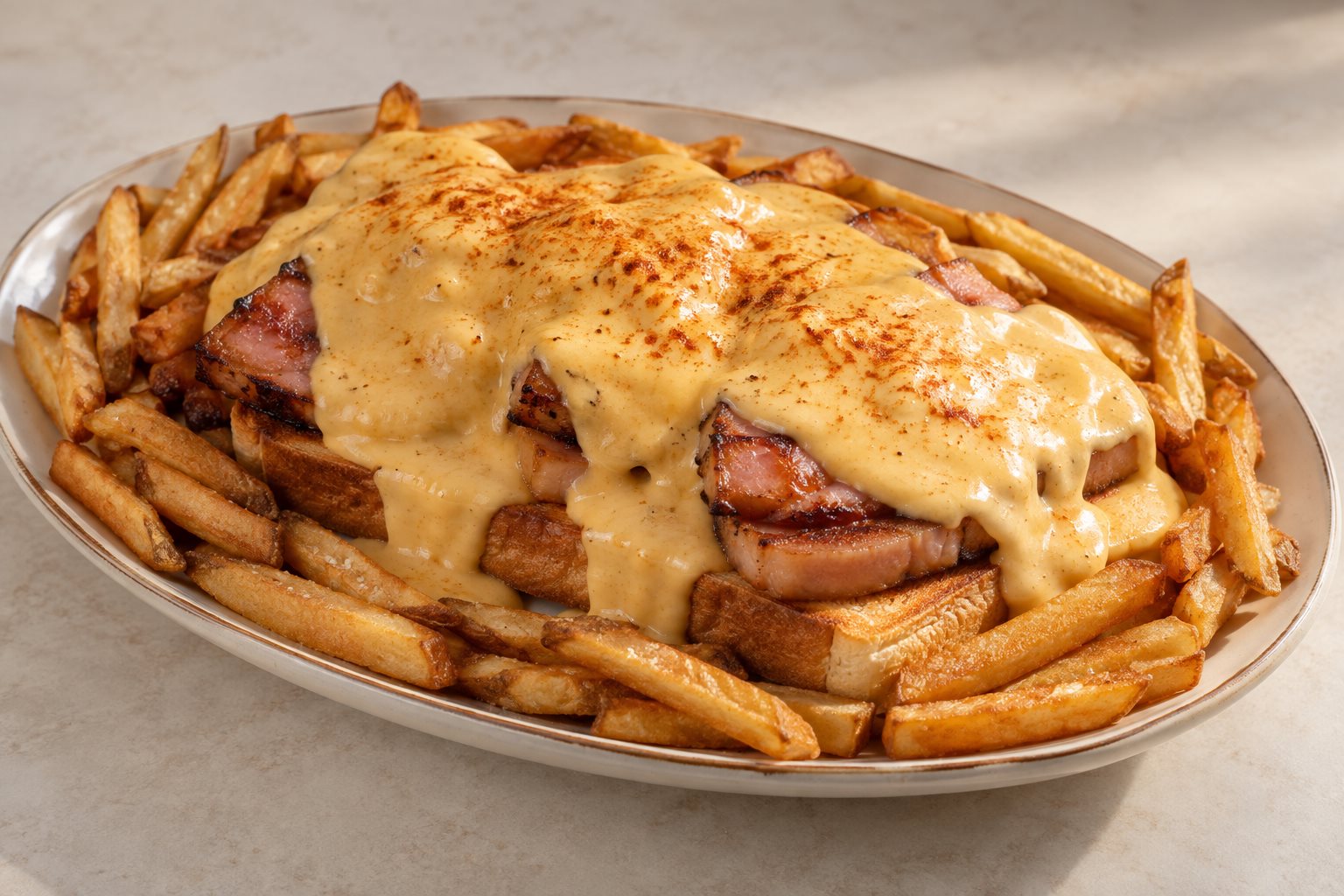 An oval platter holding two slices of thick toast under carved ham, blanketed in pale gold cheese sauce, with french fries banked around the rim