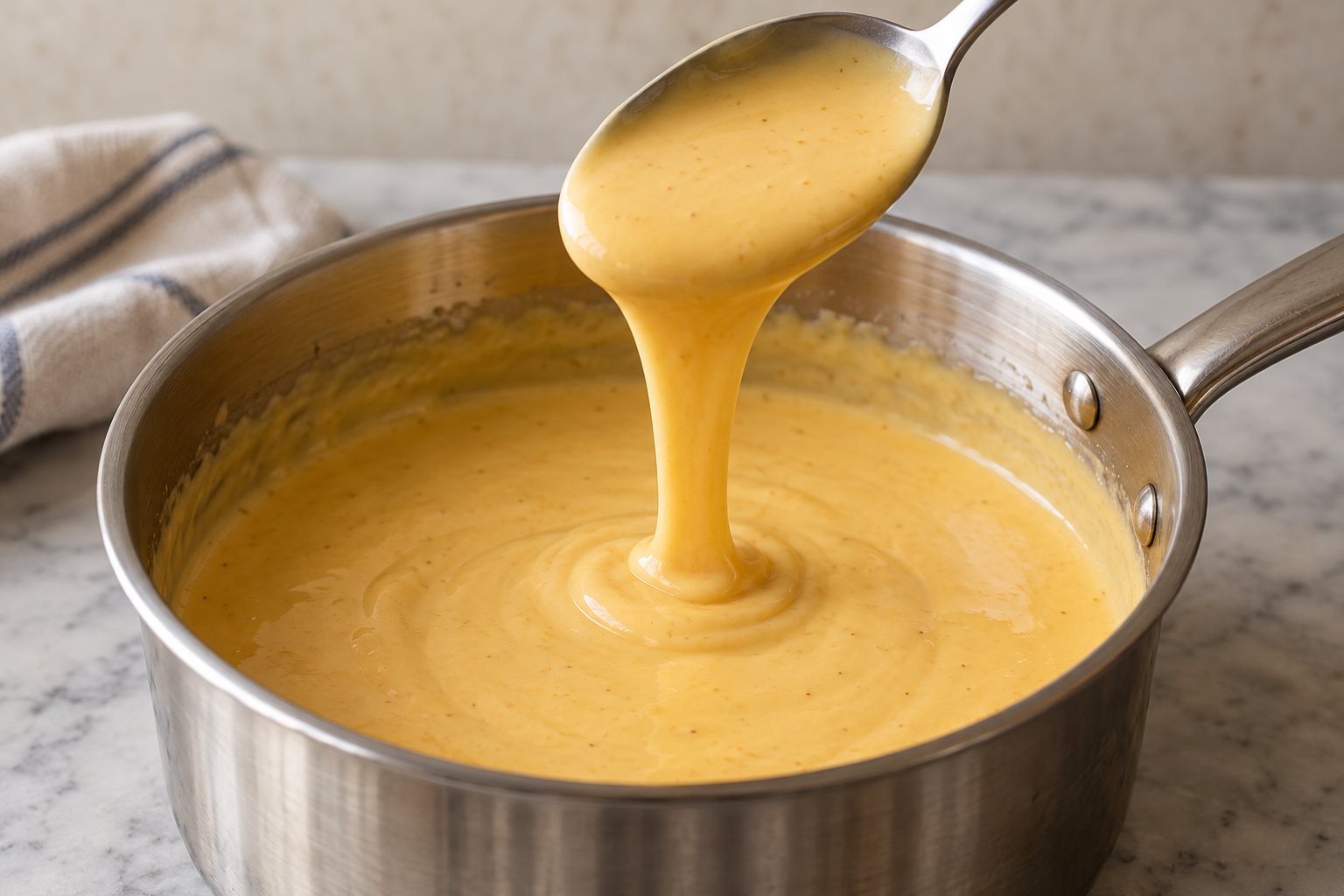 A spoon pouring a broad ribbon of smooth pale-gold cheese sauce into a saucepan off the heat.