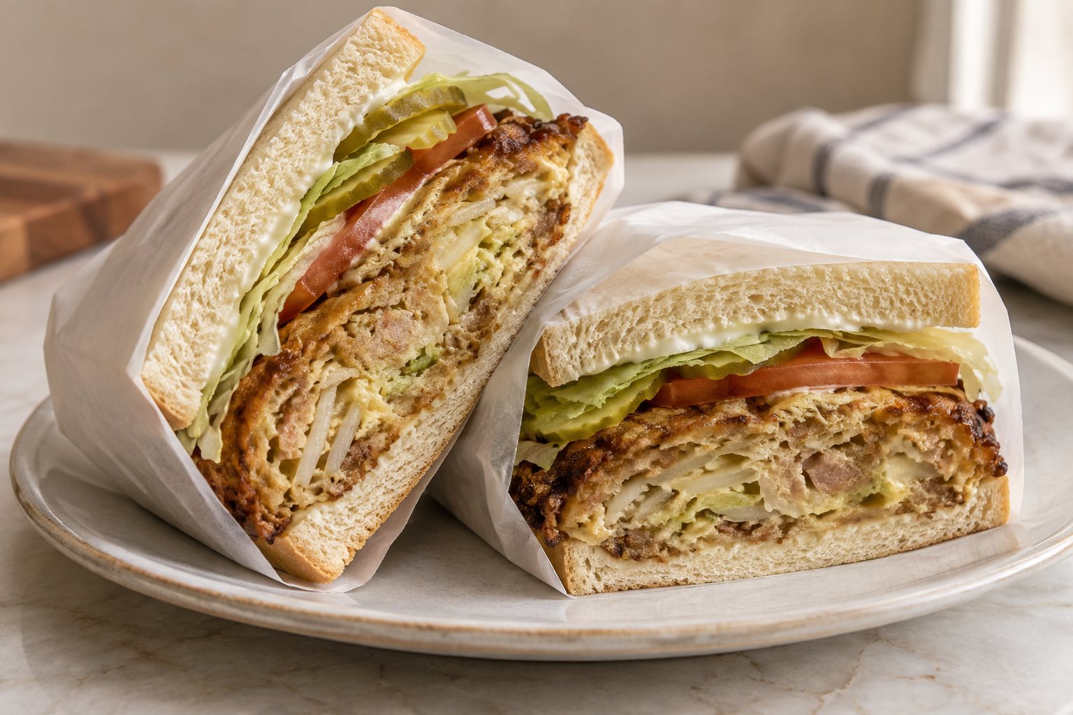 A thick egg patty with bean sprouts visible in it, sitting on white bread with pickle chips and tomato, cut in half and wrapped in paper