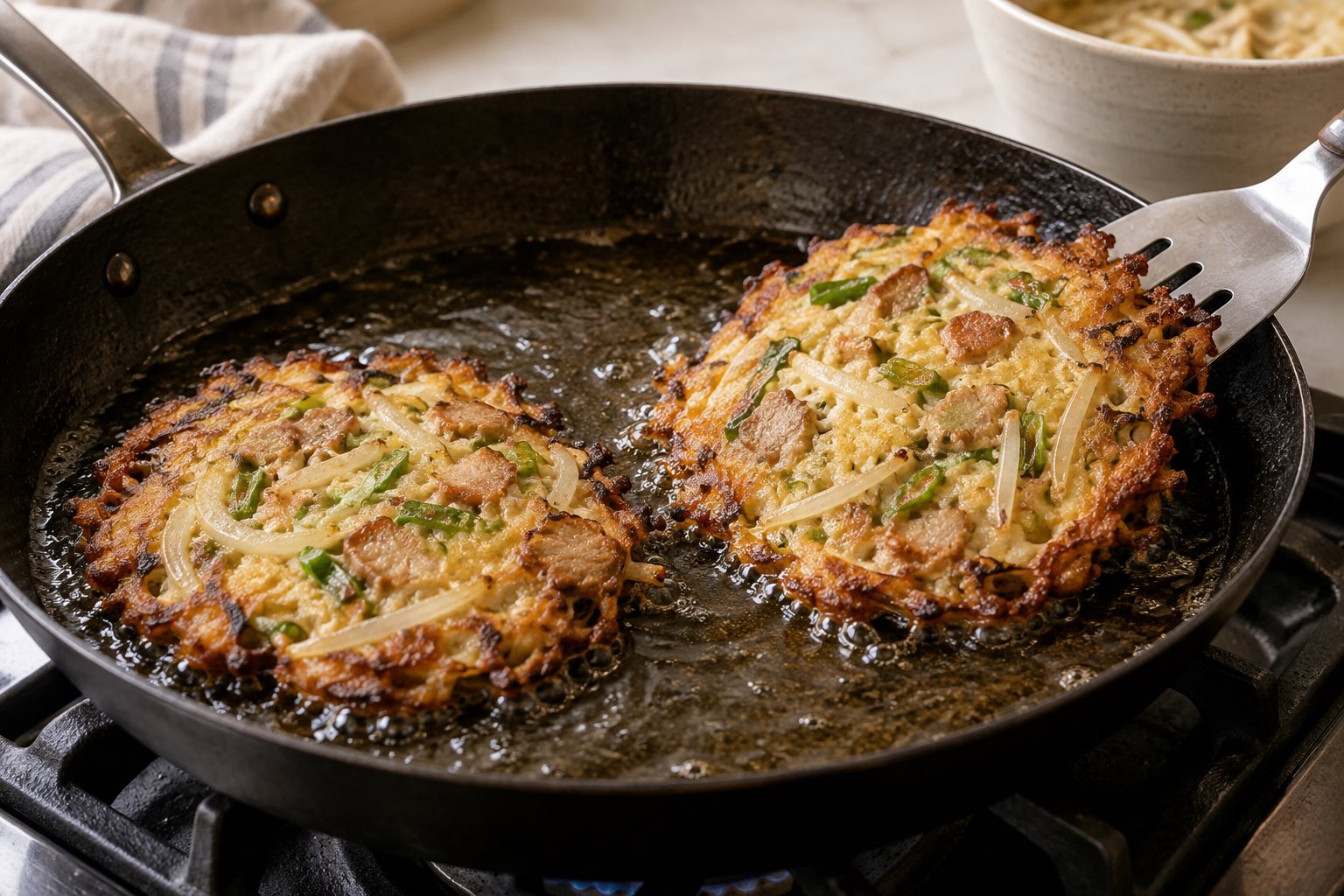Two vegetable-filled egg patties frying with deep brown lacy edges
