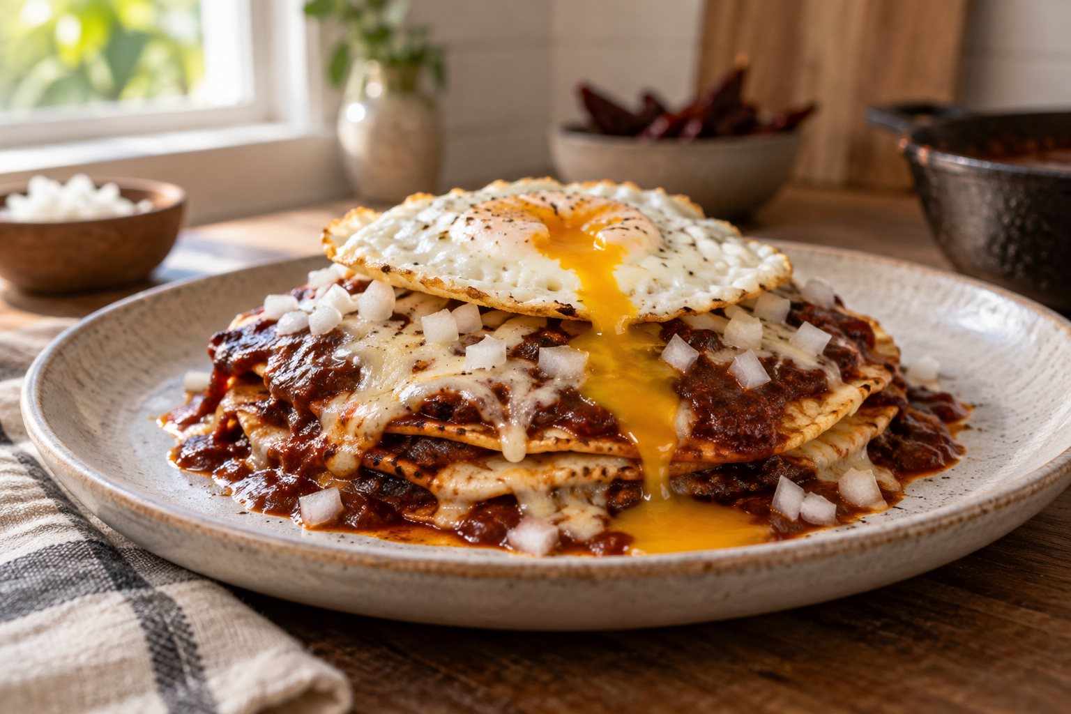 Three corn tortillas stacked flat on a plate under dark red chile sauce, melted cheese and raw white onion, a fried egg on top with the yolk just broken
