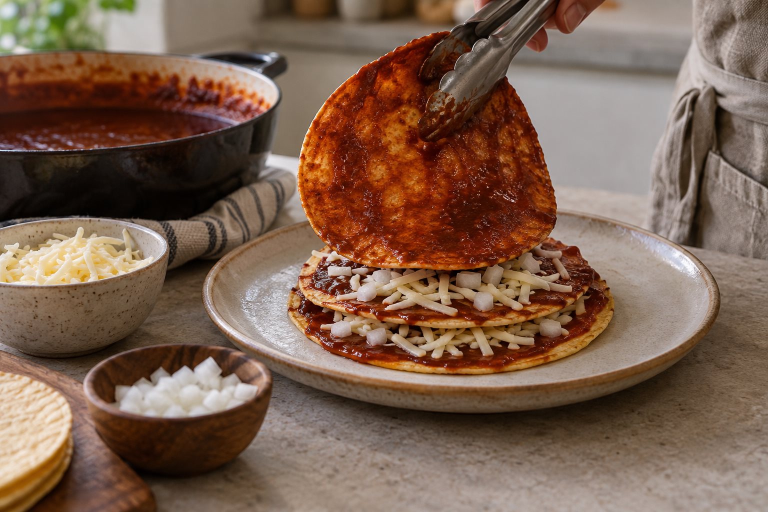 Flat corn tortillas stacked with red chile sauce cheese and onion