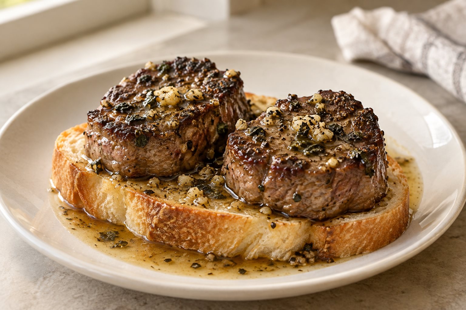 Two browned beef tenderloin medallions on French bread with garlic and basil butter sauce.