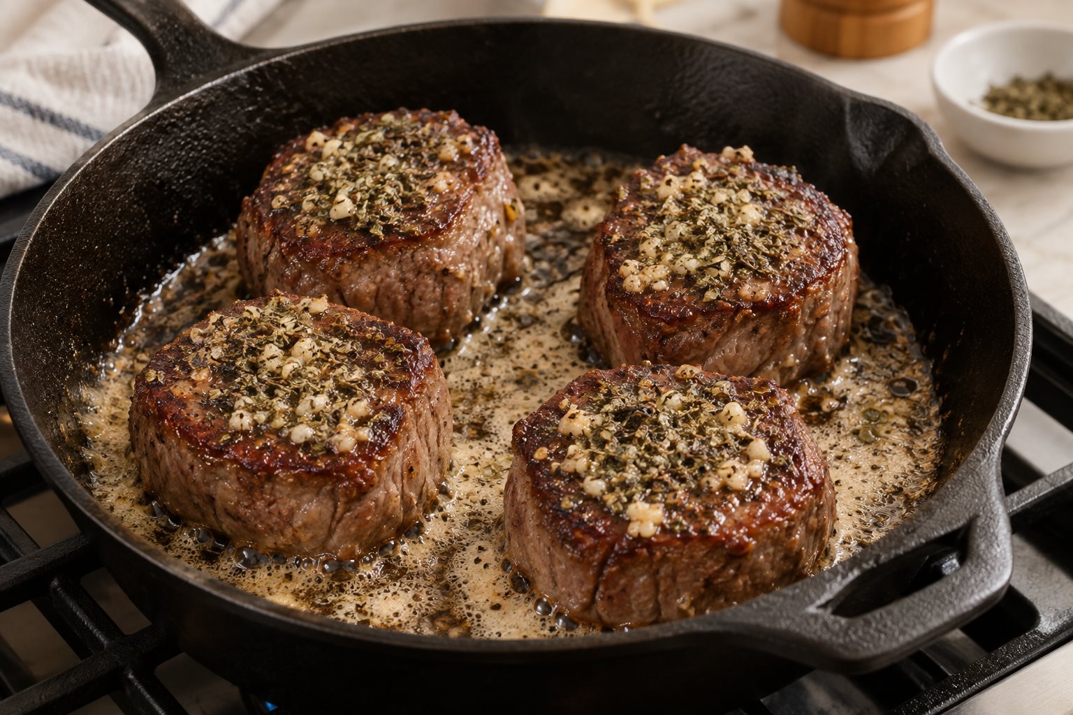 Four seared beef medallions topped with minced garlic, dried basil and pepper in sizzling butter.