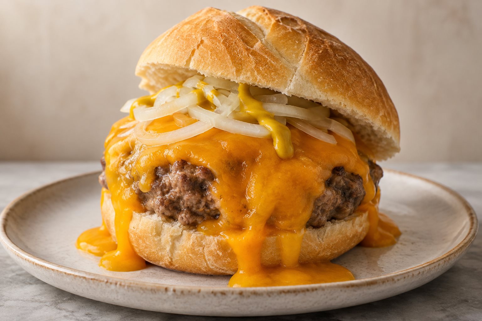 A tall pale beef patty on the bottom half of a hard roll, smothered in a thick stream of orange melted cheddar running down the sides onto the plate