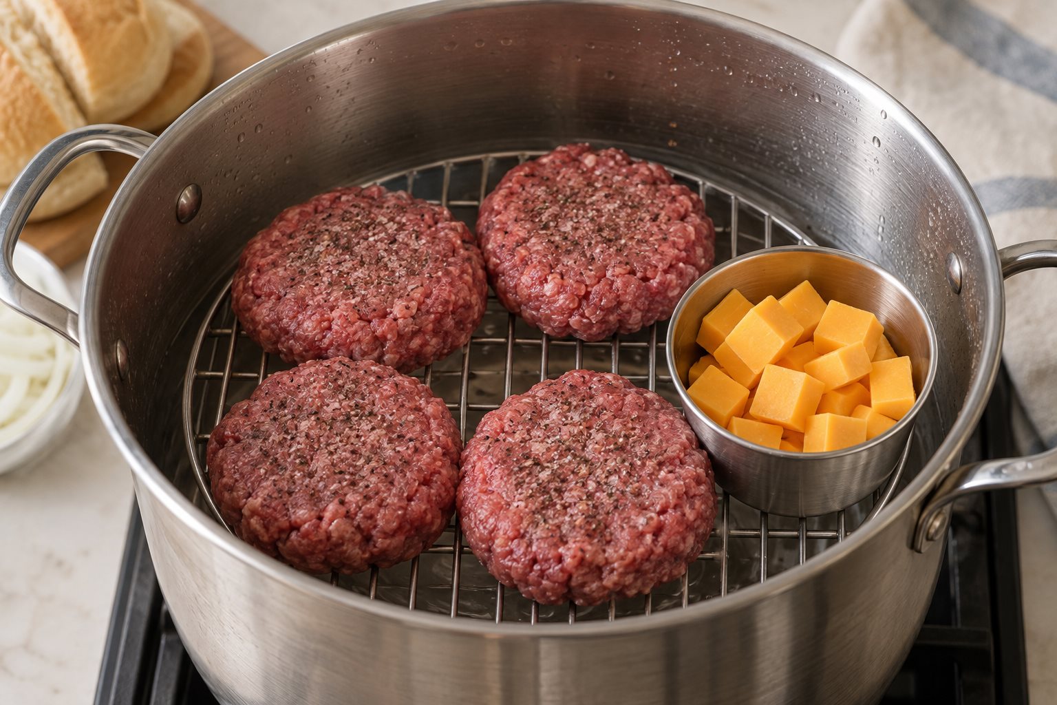 Raw beef patties and a separate metal cup of cheddar cubes set on a steamer rack above the water.