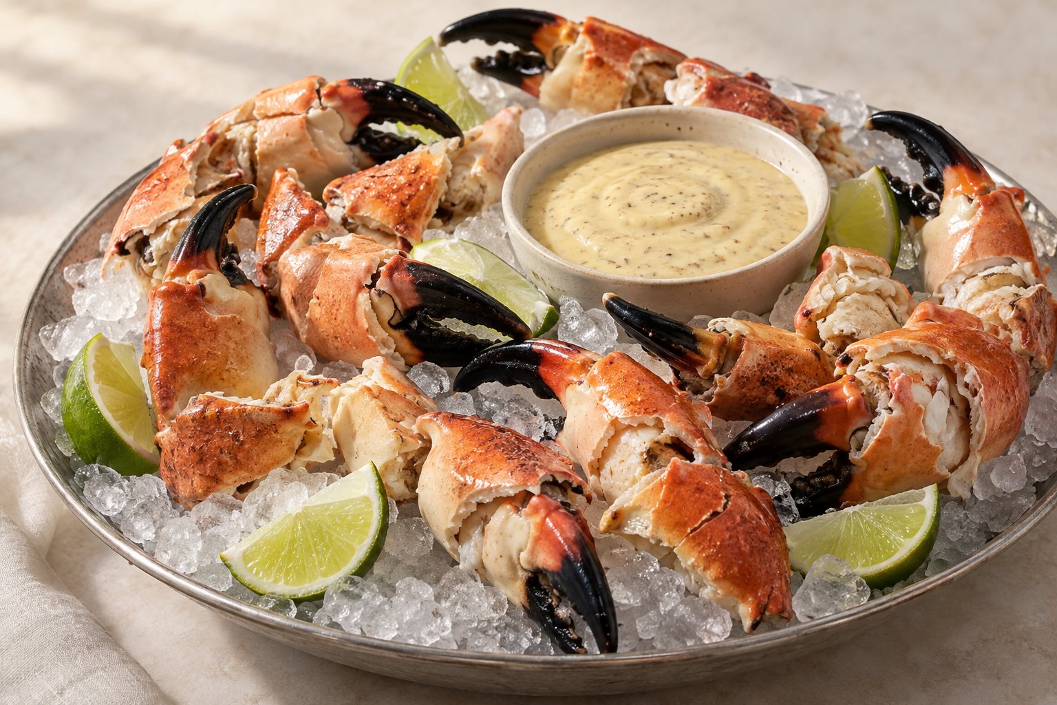 Cracked black-tipped orange-and-brown stone crab claws arranged on crushed ice around a small bowl of pale yellow mustard sauce