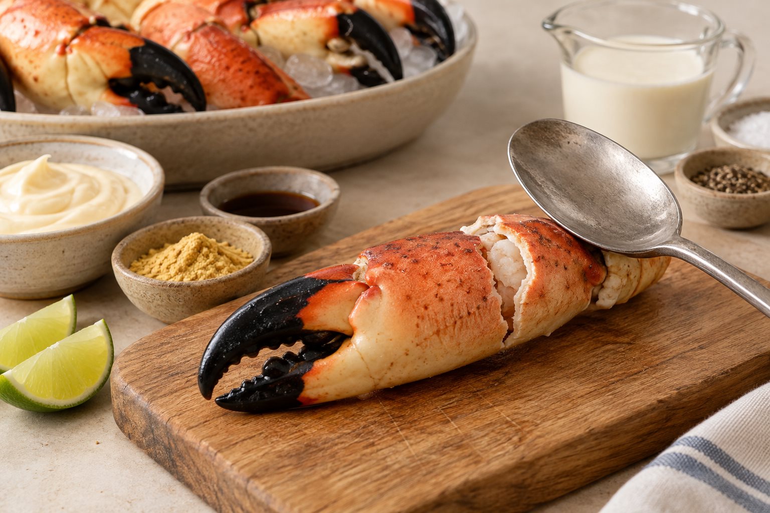 A cracked stone crab claw with black pincer tips and a heavy spoon resting at the knuckle.