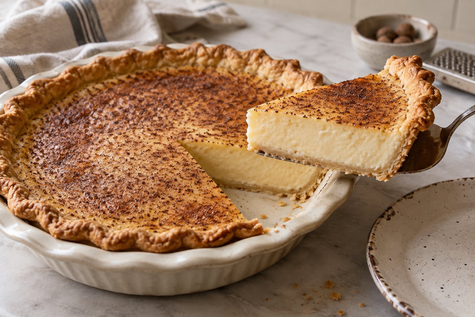 A slice lifted from a sugar cream pie, showing ivory filling beneath a browned nutmeg-speckled top.
