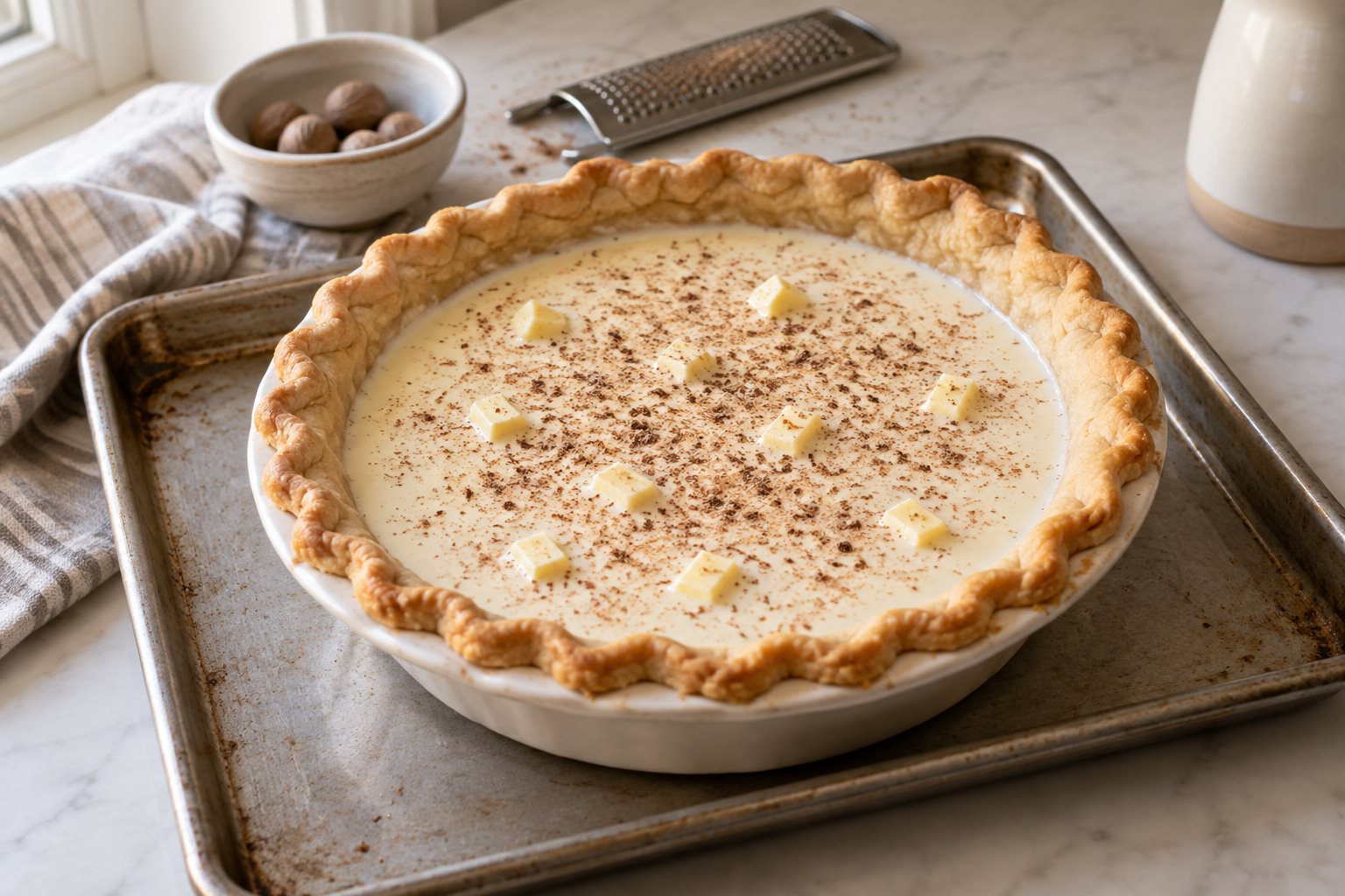 A golden pastry shell filled with pale cream, small butter pieces and grated nutmeg before baking.