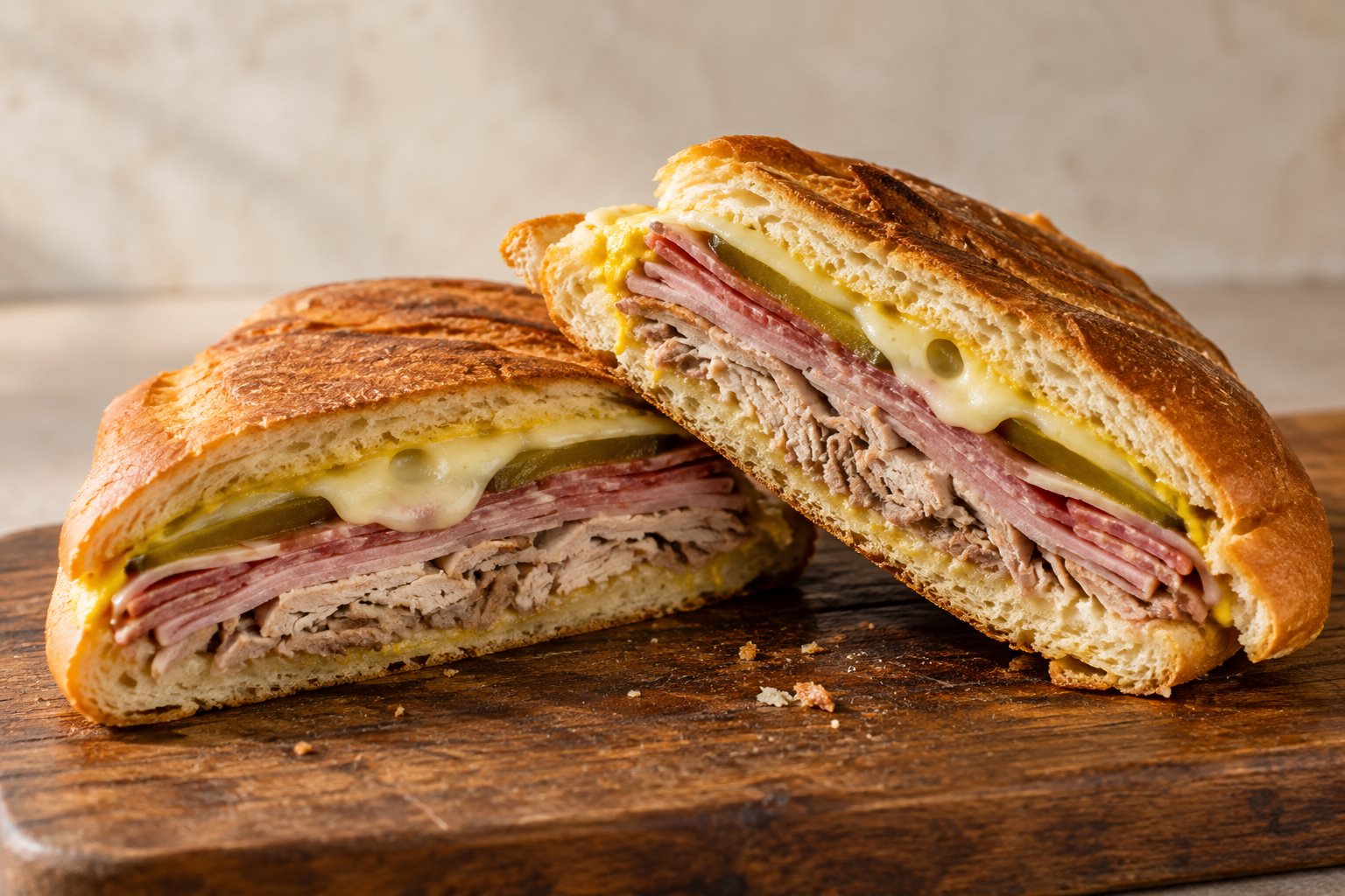A pressed Cuban sandwich cut on the diagonal, showing layers of roast pork, ham, salami, Swiss cheese and pickle inside a flattened crusty loaf