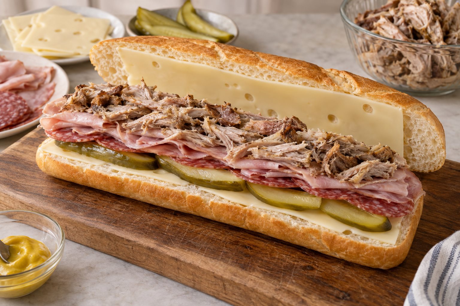 An open Cuban sandwich layered with Swiss cheese, pickles, salami, ham and roast pork.