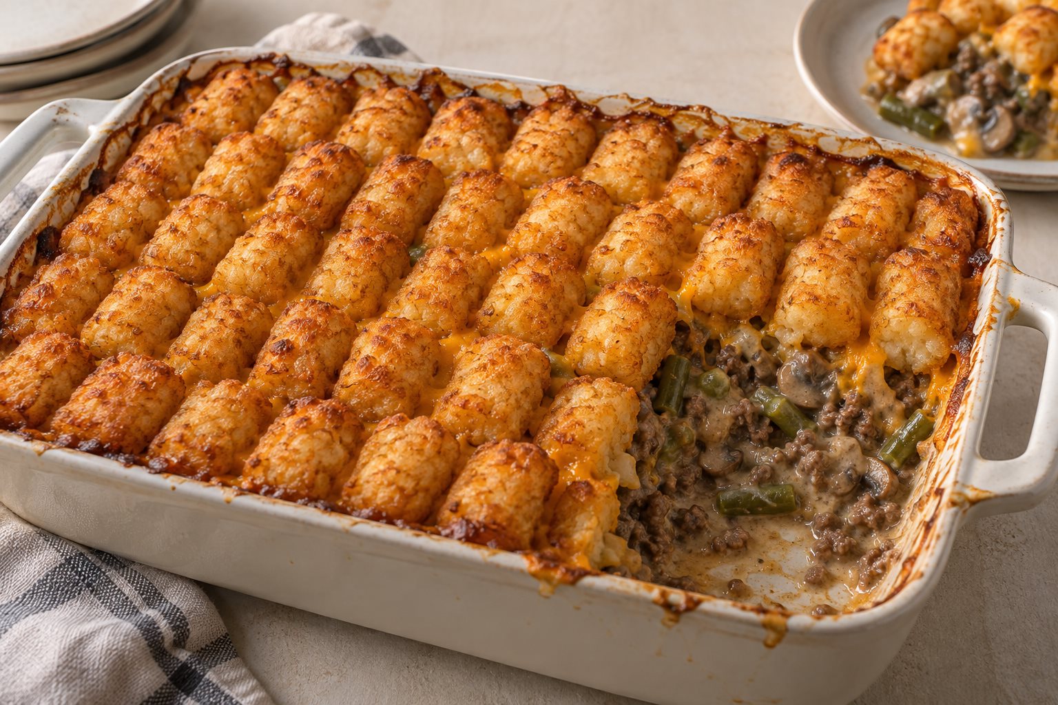 A 9 by 13 inch baking dish filled with browned potato tots in rows over a bubbling beef and mushroom filling, one corner served out