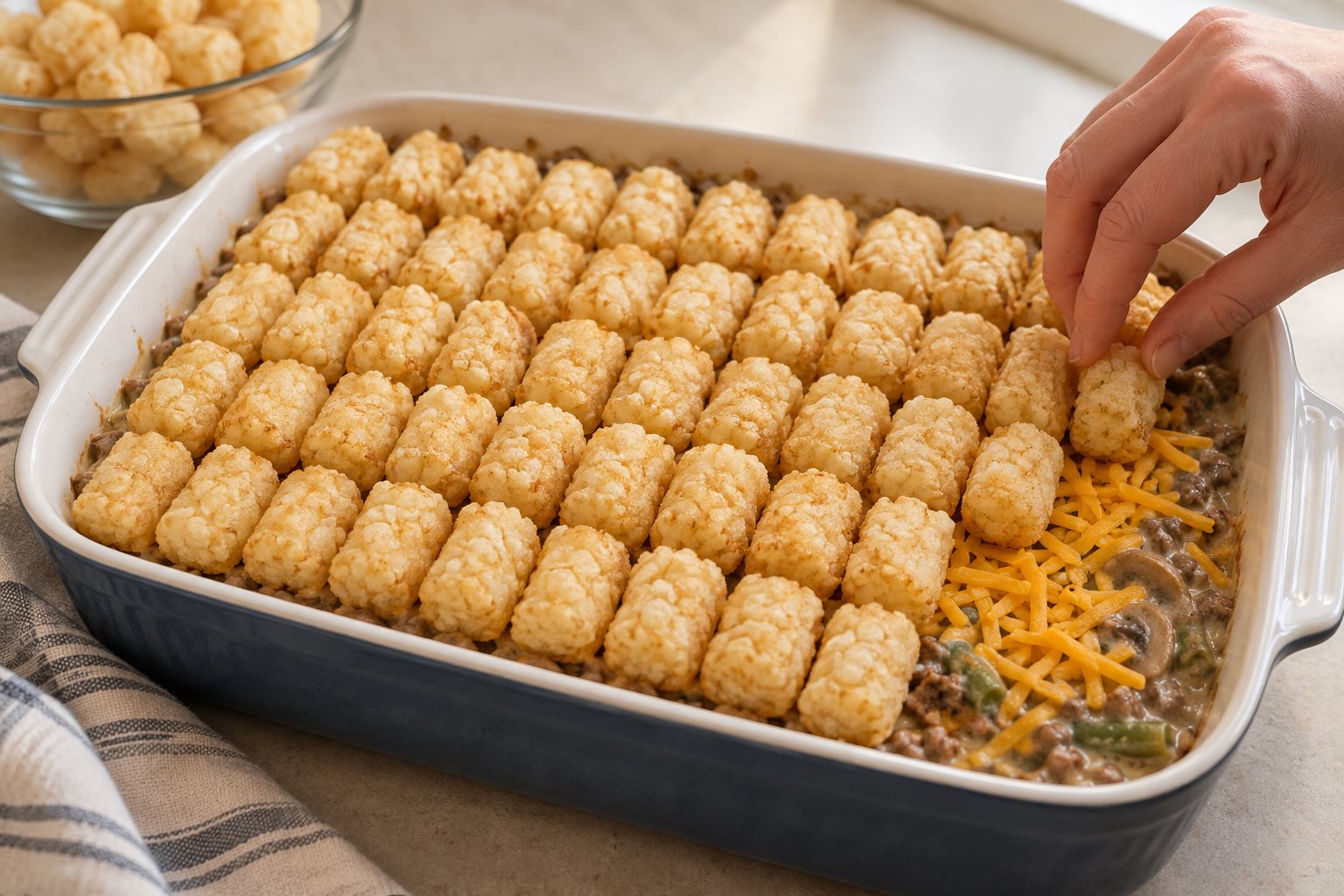 Frozen potato tots arranged in rows over shredded cheddar and beef filling