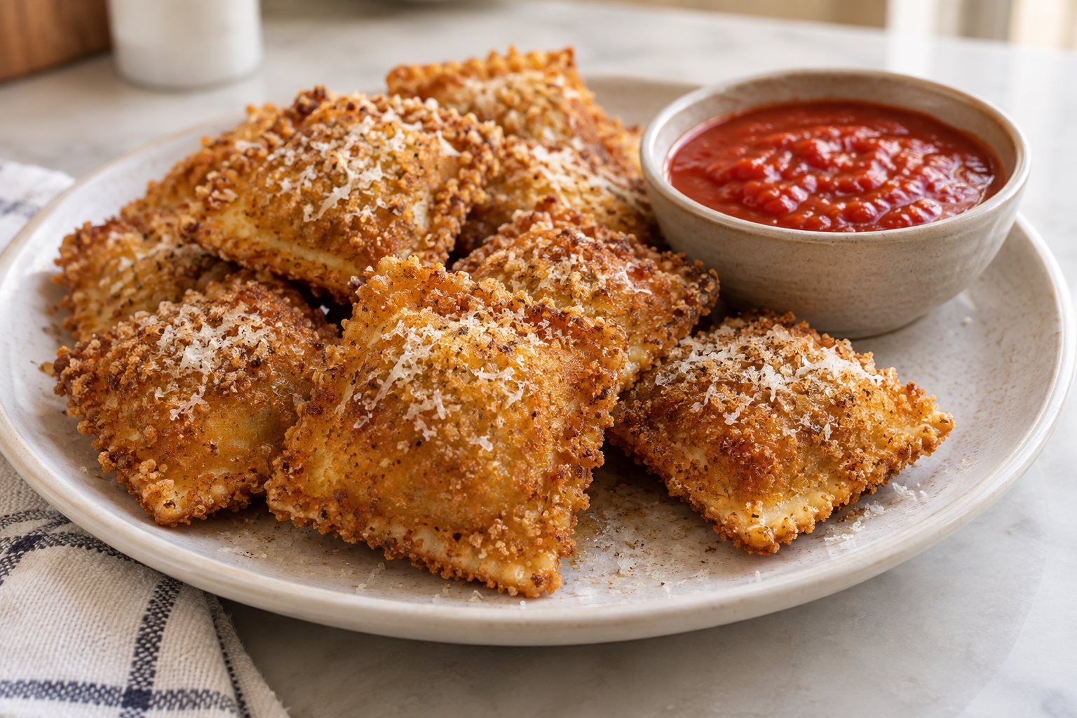 A plate of golden-brown breaded ravioli dusted with grated Parmesan, a small bowl of red sauce set beside them