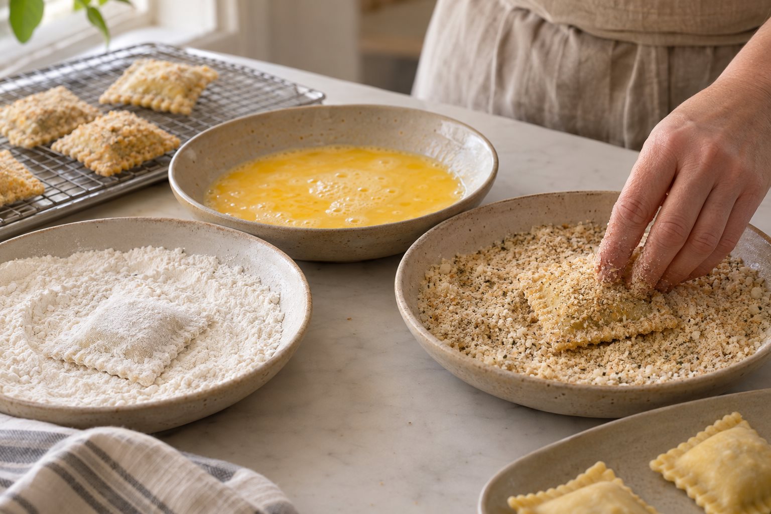 A ravioli pressed into fine breadcrumbs beside flour and egg dishes